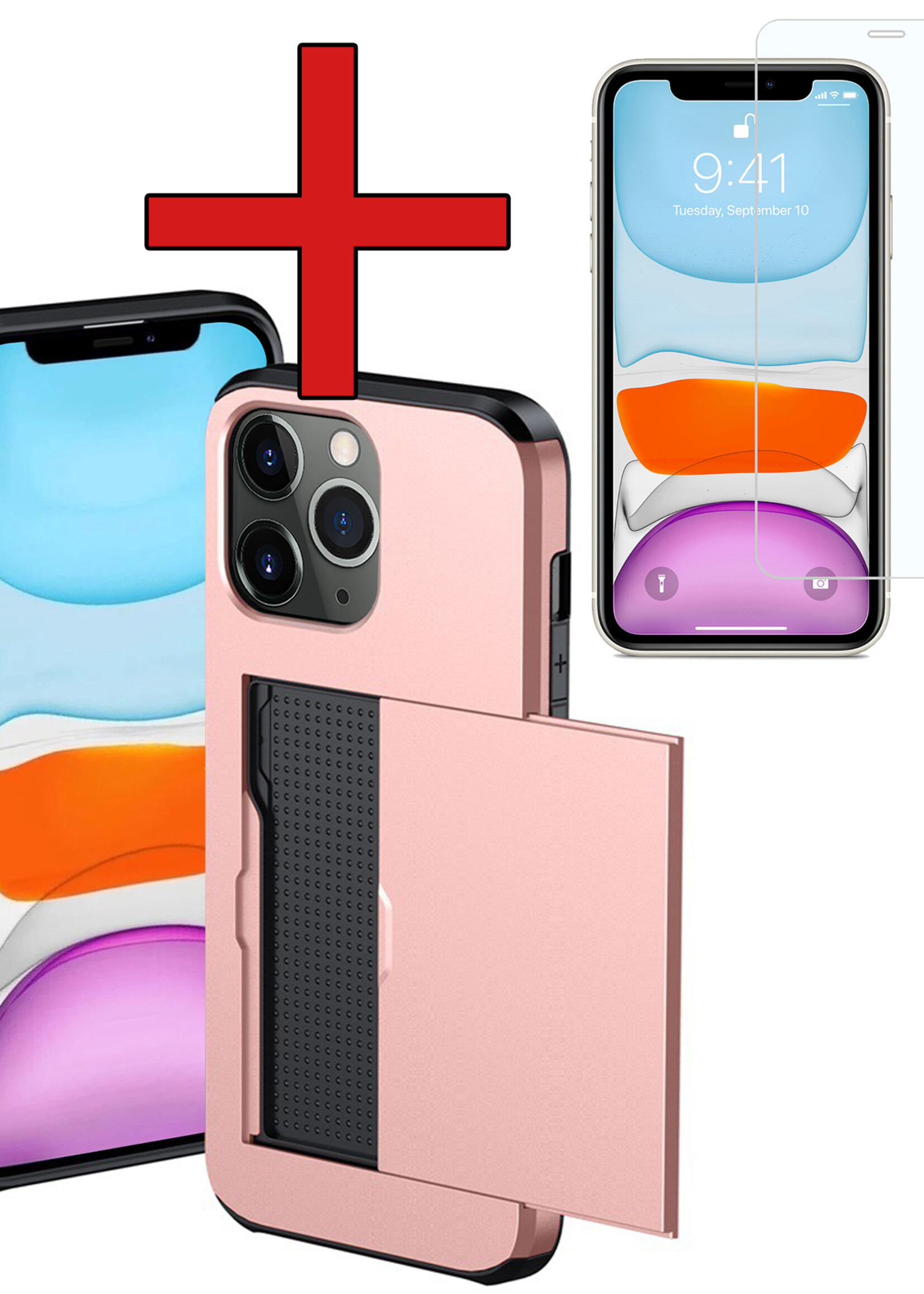 BTH Hoesje Geschikt voor iPhone 11 Pro Max Hoesje Met Pasjeshouder Hard Case Met Kaarthouder Met Screenprotector - Hoes Geschikt voor iPhone 11 Pro Max Hoesje Shock Proof Case - Rosé Goud
