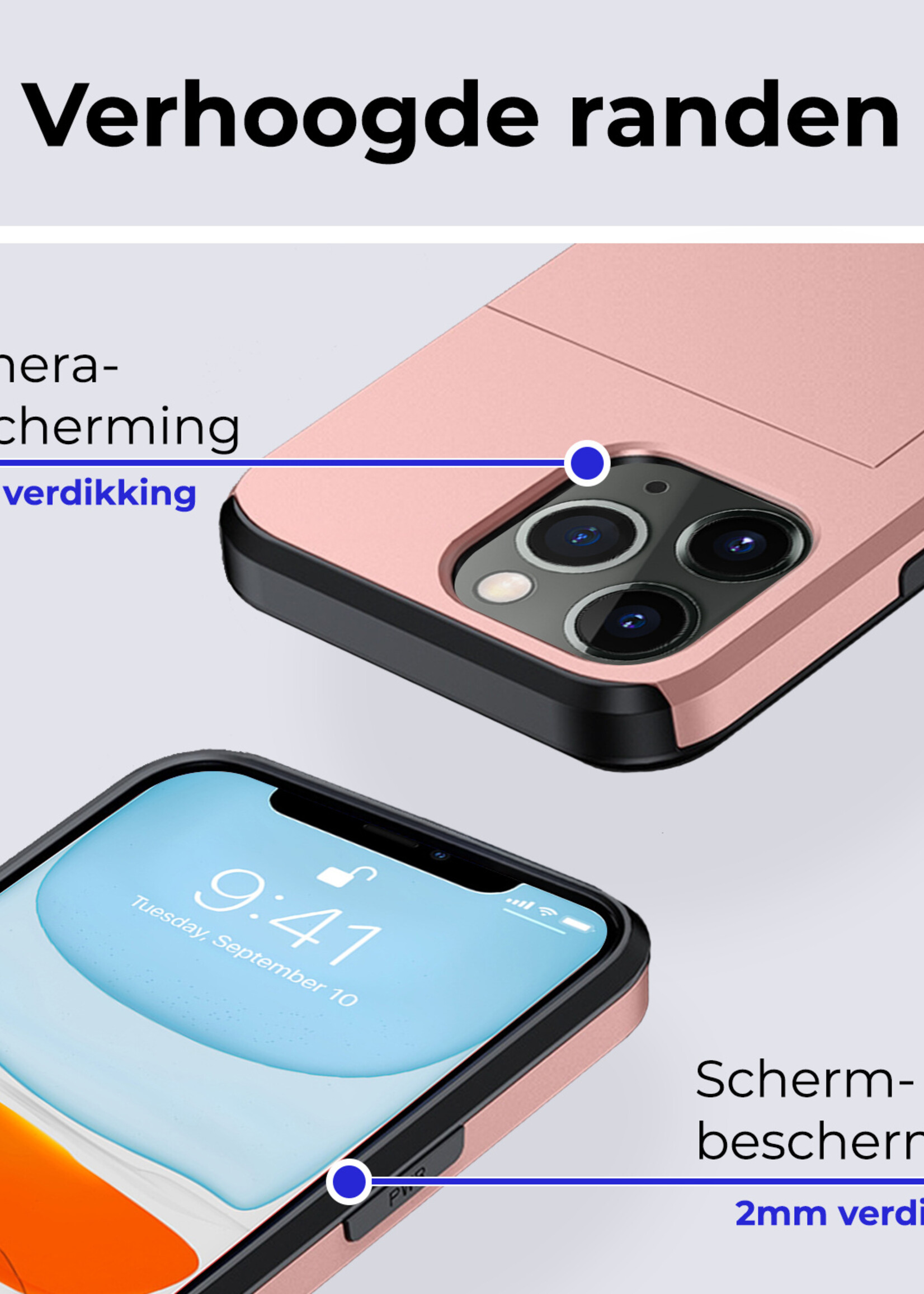 BTH Hoesje Geschikt voor iPhone 11 Pro Max Hoesje Met Pasjeshouder Hard Case Met Kaarthouder Met Screenprotector - Hoes Geschikt voor iPhone 11 Pro Max Hoesje Shock Proof Case - Rosé Goud