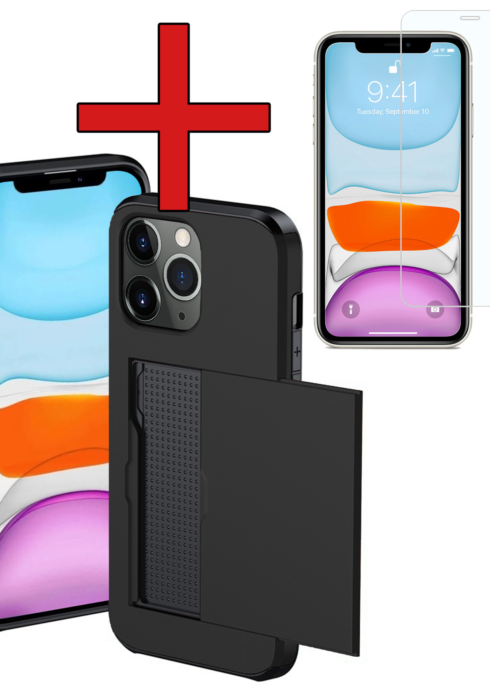 BTH Hoesje Geschikt voor iPhone 11 Pro Max Hoesje Met Pasjeshouder Hard Case Met Kaarthouder Met Screenprotector - Hoes Geschikt voor iPhone 11 Pro Max Hoesje Shock Proof Case - Zwart