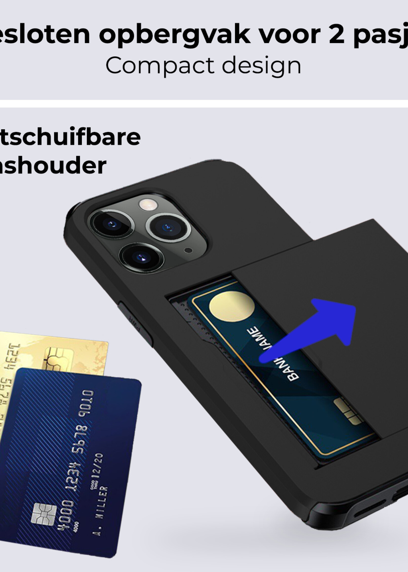 BTH Hoesje Geschikt voor iPhone 11 Pro Max Hoesje Met Pasjeshouder Hard Case Met Kaarthouder Met Screenprotector - Hoes Geschikt voor iPhone 11 Pro Max Hoesje Shock Proof Case - Zwart