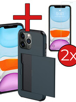 BTH BTH iPhone 11 Pro Max Hoesje Pashouder Hard Met 2x Screenprotector - Donker Blauw