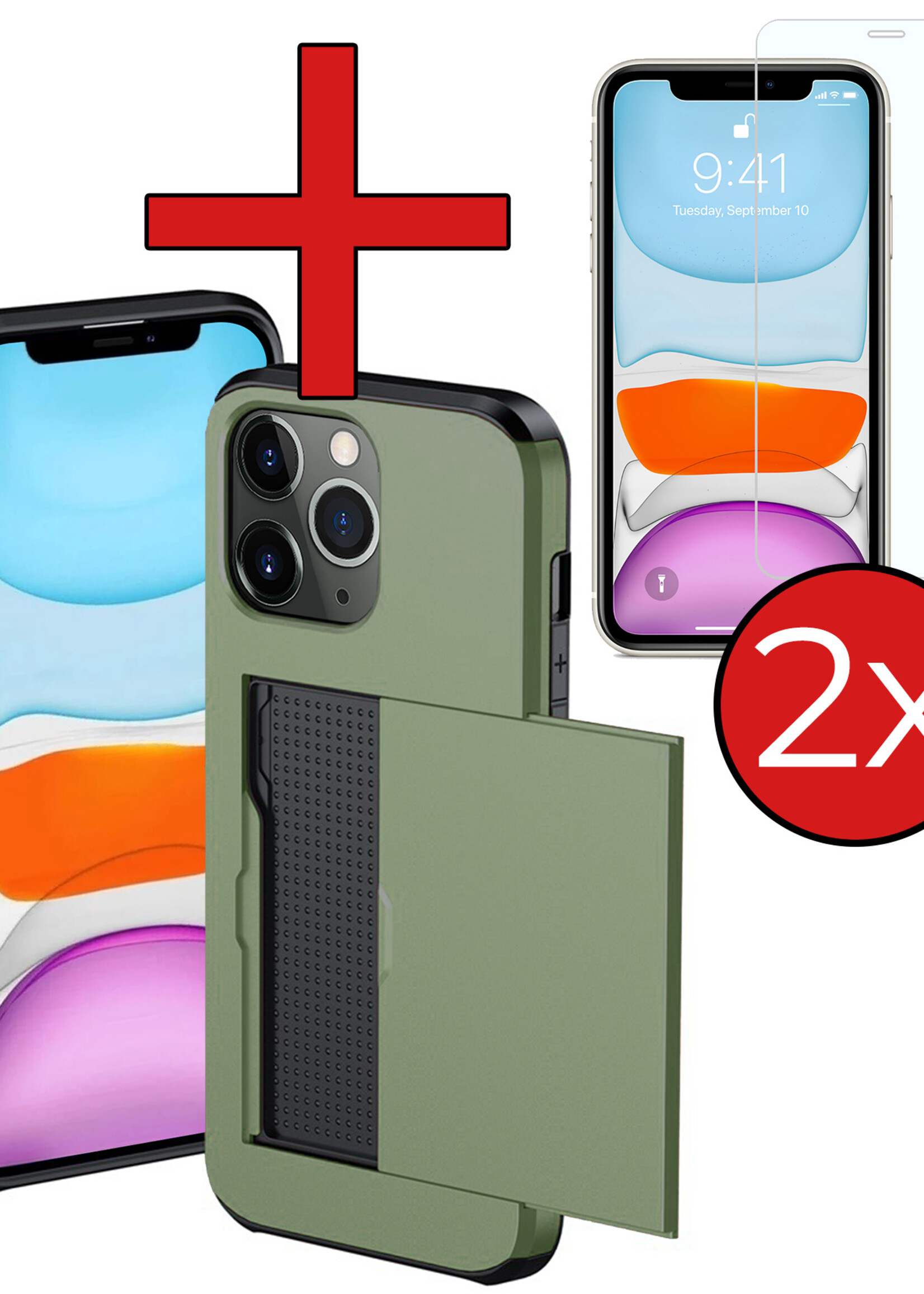 BTH Hoesje Geschikt voor iPhone 11 Pro Max Hoesje Met Pasjeshouder Hard Case Met Kaarthouder Met 2x Screenprotector - Hoes Geschikt voor iPhone 11 Pro Max Hoesje Shock Proof Case - Donker Groen
