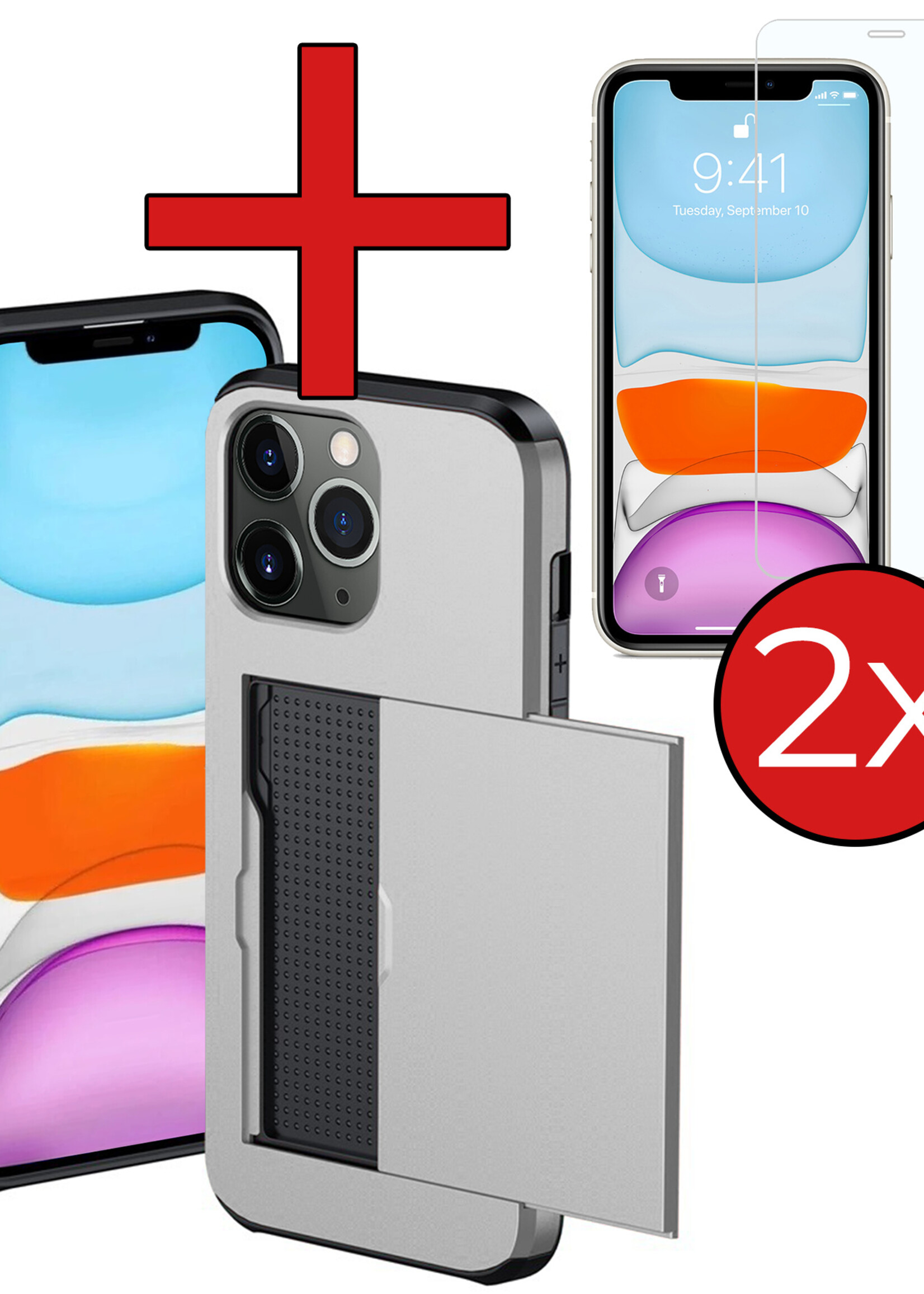 BTH Hoesje Geschikt voor iPhone 11 Pro Max Hoesje Met Pasjeshouder Hard Case Met Kaarthouder Met 2x Screenprotector - Hoes Geschikt voor iPhone 11 Pro Max Hoesje Shock Proof Case - Grijs