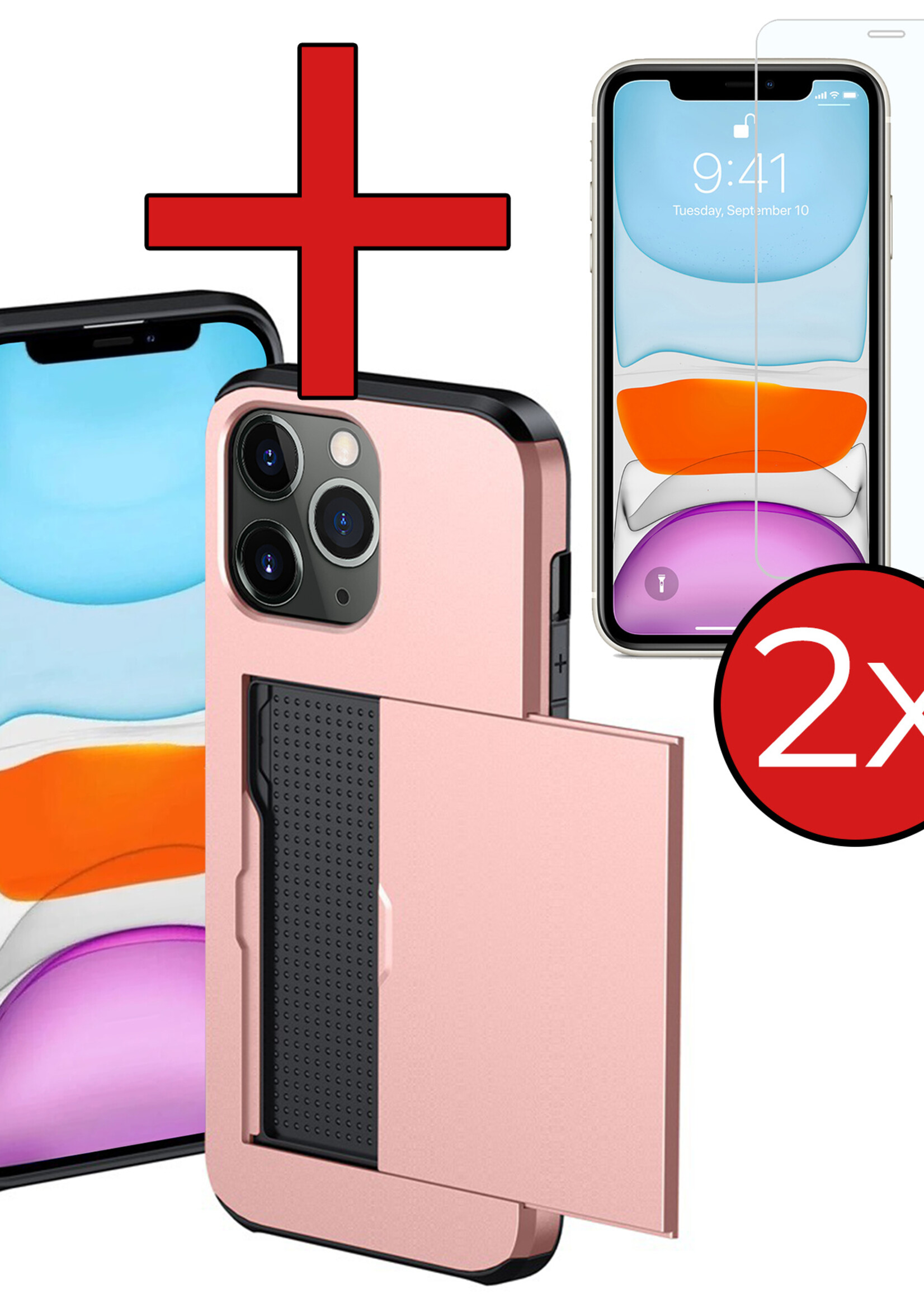 BTH Hoesje Geschikt voor iPhone 11 Pro Max Hoesje Met Pasjeshouder Hard Case Met Kaarthouder Met 2x Screenprotector - Hoes Geschikt voor iPhone 11 Pro Max Hoesje Shock Proof Case - Rosé Goud