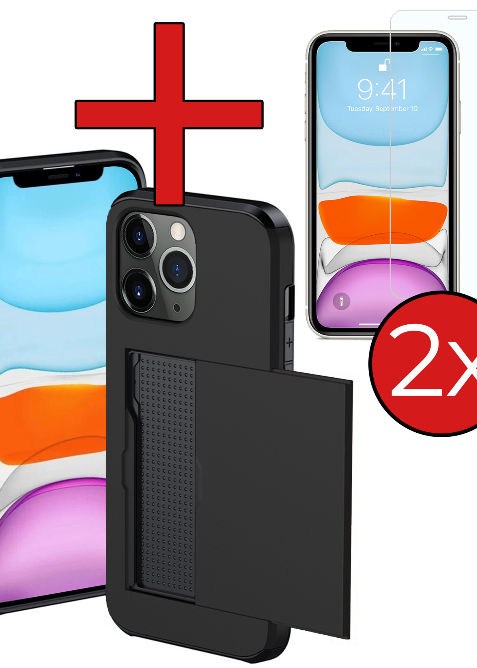 BTH Hoesje Geschikt voor iPhone 11 Pro Max Hoesje Met Pasjeshouder Hard Case Met Kaarthouder Met 2x Screenprotector - Hoes Geschikt voor iPhone 11 Pro Max Hoesje Shock Proof Case - Zwart