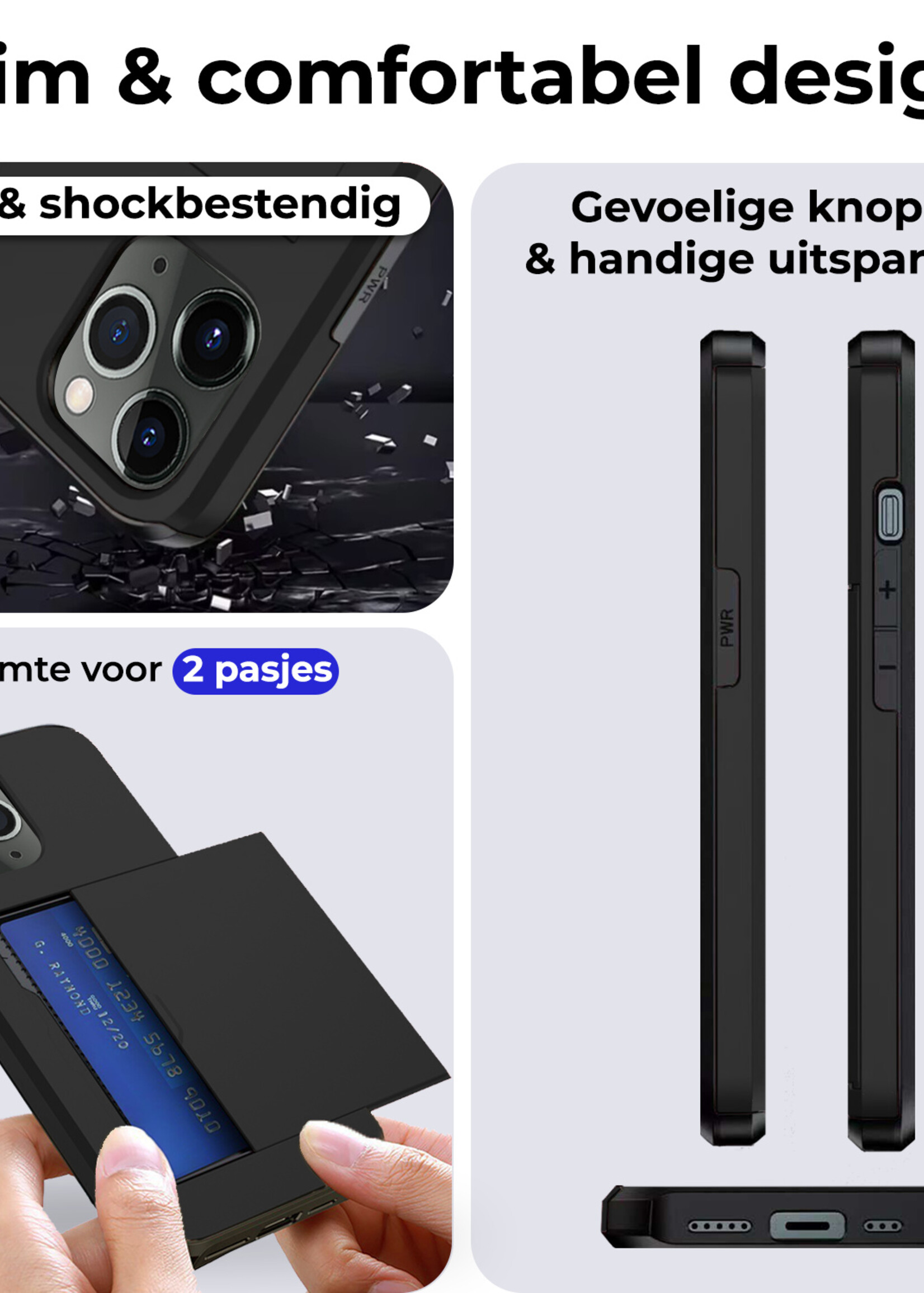 BTH Hoesje Geschikt voor iPhone 11 Pro Max Hoesje Met Pasjeshouder Hard Case Met Kaarthouder Met 2x Screenprotector - Hoes Geschikt voor iPhone 11 Pro Max Hoesje Shock Proof Case - Zwart