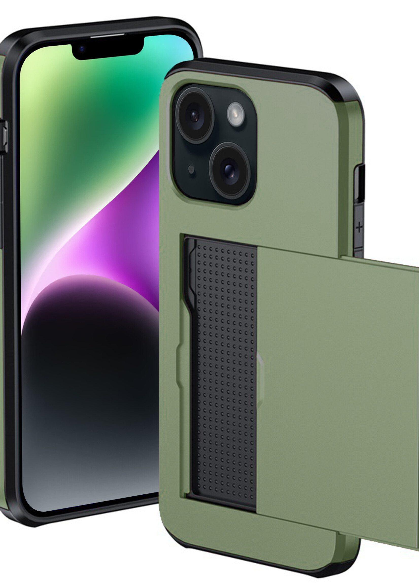 BTH Hoesje Geschikt voor iPhone 14 Hoesje Met Pasjeshouder Hard Case Met Kaarthouder - Hoes Geschikt voor iPhone 14 Hoesje Shock Proof Case - Donker Groen