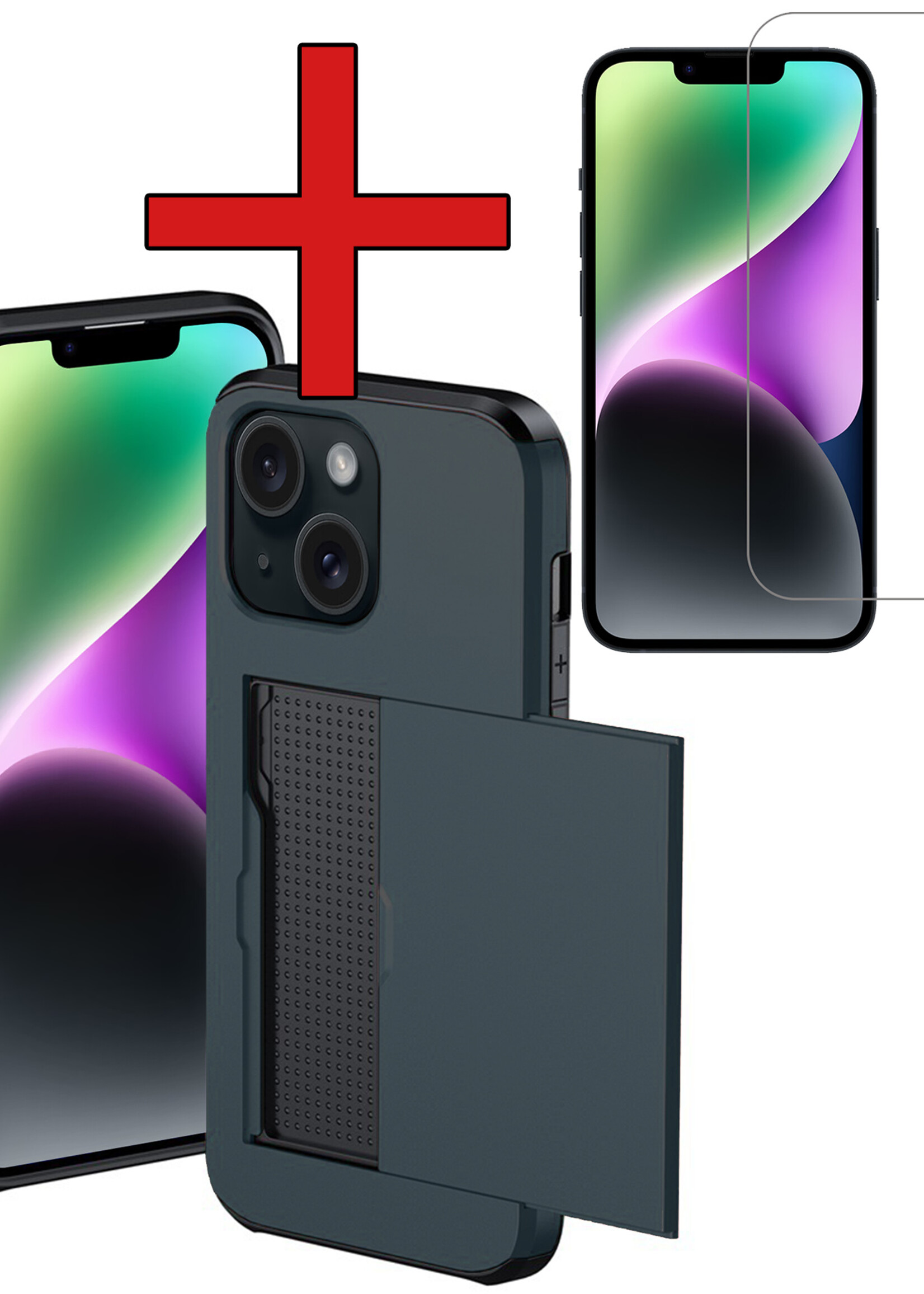BTH Hoesje Geschikt voor iPhone 14 Hoesje Met Pasjeshouder Hard Case Met Kaarthouder Met Screenprotector - Hoes Geschikt voor iPhone 14 Hoesje Shock Proof Case - Donker Blauw