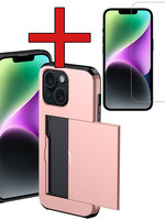BTH BTH iPhone 14 Hoesje Pashouder Hard Met Screenprotector - Rosé Goud