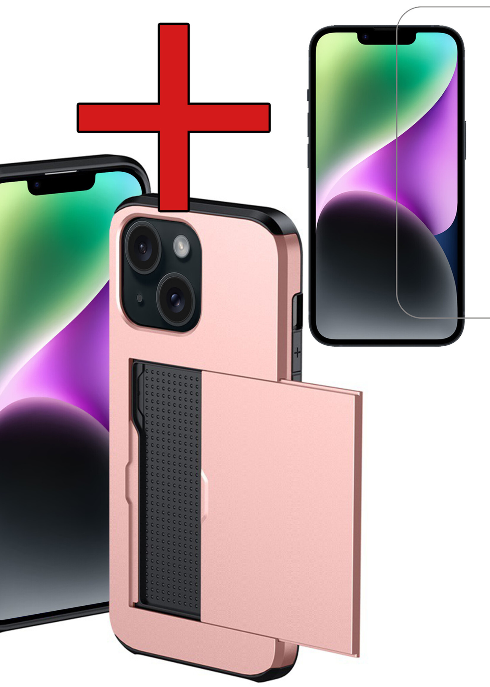 BTH Hoesje Geschikt voor iPhone 14 Hoesje Met Pasjeshouder Hard Case Met Kaarthouder Met Screenprotector - Hoes Geschikt voor iPhone 14 Hoesje Shock Proof Case - Rosé Goud