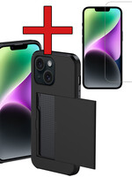 BTH BTH iPhone 14 Hoesje Pashouder Hard Met Screenprotector - Zwart