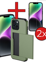 BTH BTH iPhone 14 Hoesje Pashouder Hard Met 2x Screenprotector - Donker Groen
