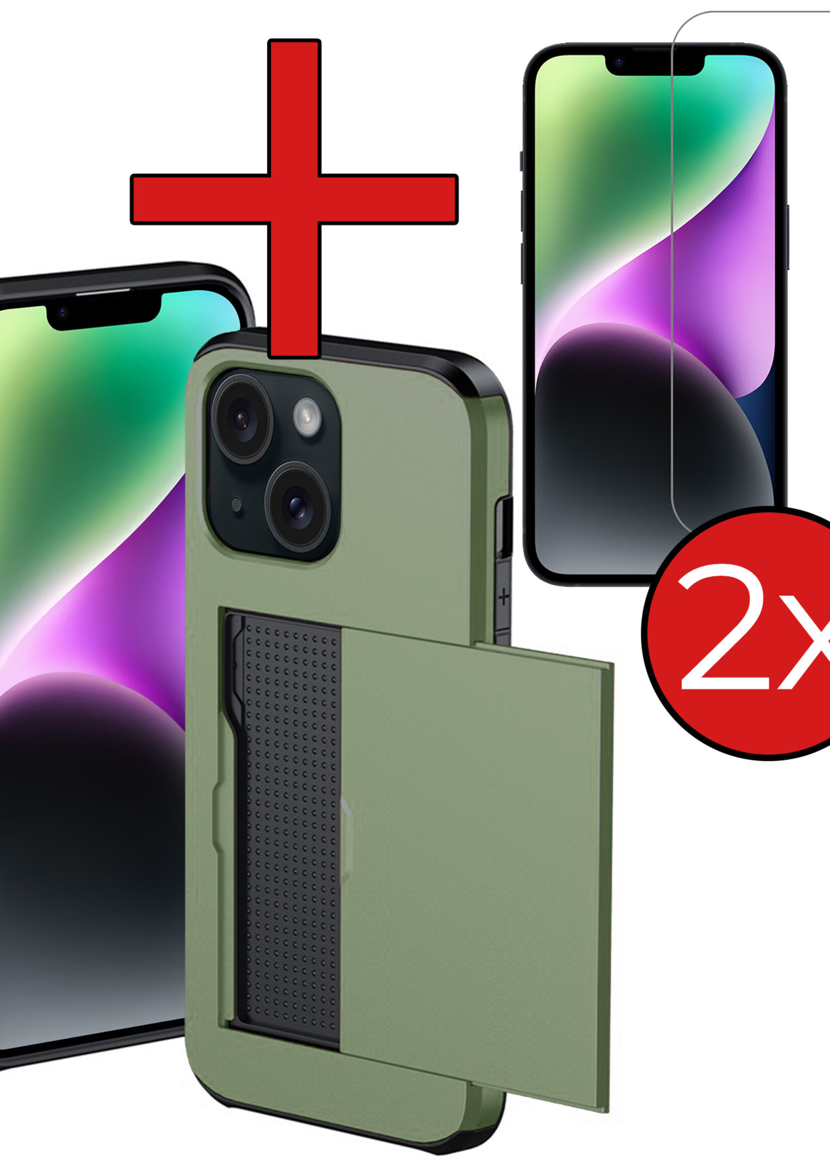 BTH Hoesje Geschikt voor iPhone 14 Hoesje Met Pasjeshouder Hard Case Met Kaarthouder Met 2x Screenprotector - Hoes Geschikt voor iPhone 14 Hoesje Shock Proof Case - Donker Groen