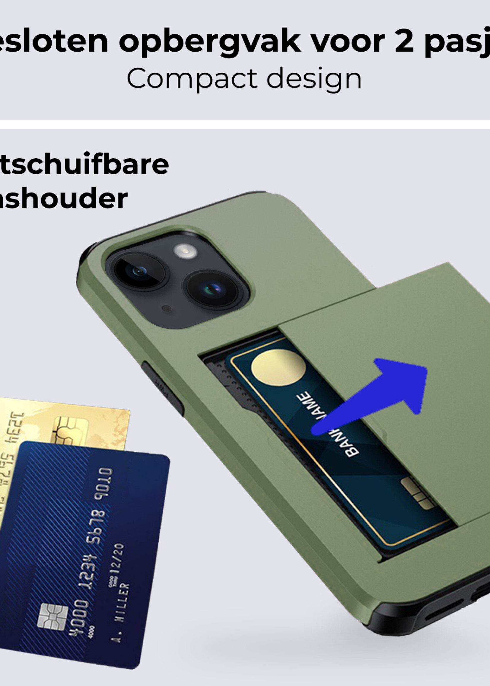 BTH Hoesje Geschikt voor iPhone 14 Hoesje Met Pasjeshouder Hard Case Met Kaarthouder Met 2x Screenprotector - Hoes Geschikt voor iPhone 14 Hoesje Shock Proof Case - Donker Groen