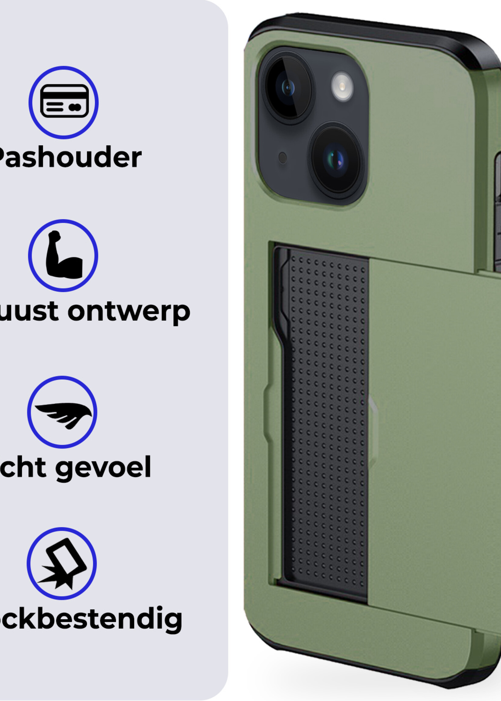 BTH Hoesje Geschikt voor iPhone 14 Hoesje Met Pasjeshouder Hard Case Met Kaarthouder Met 2x Screenprotector - Hoes Geschikt voor iPhone 14 Hoesje Shock Proof Case - Donker Groen