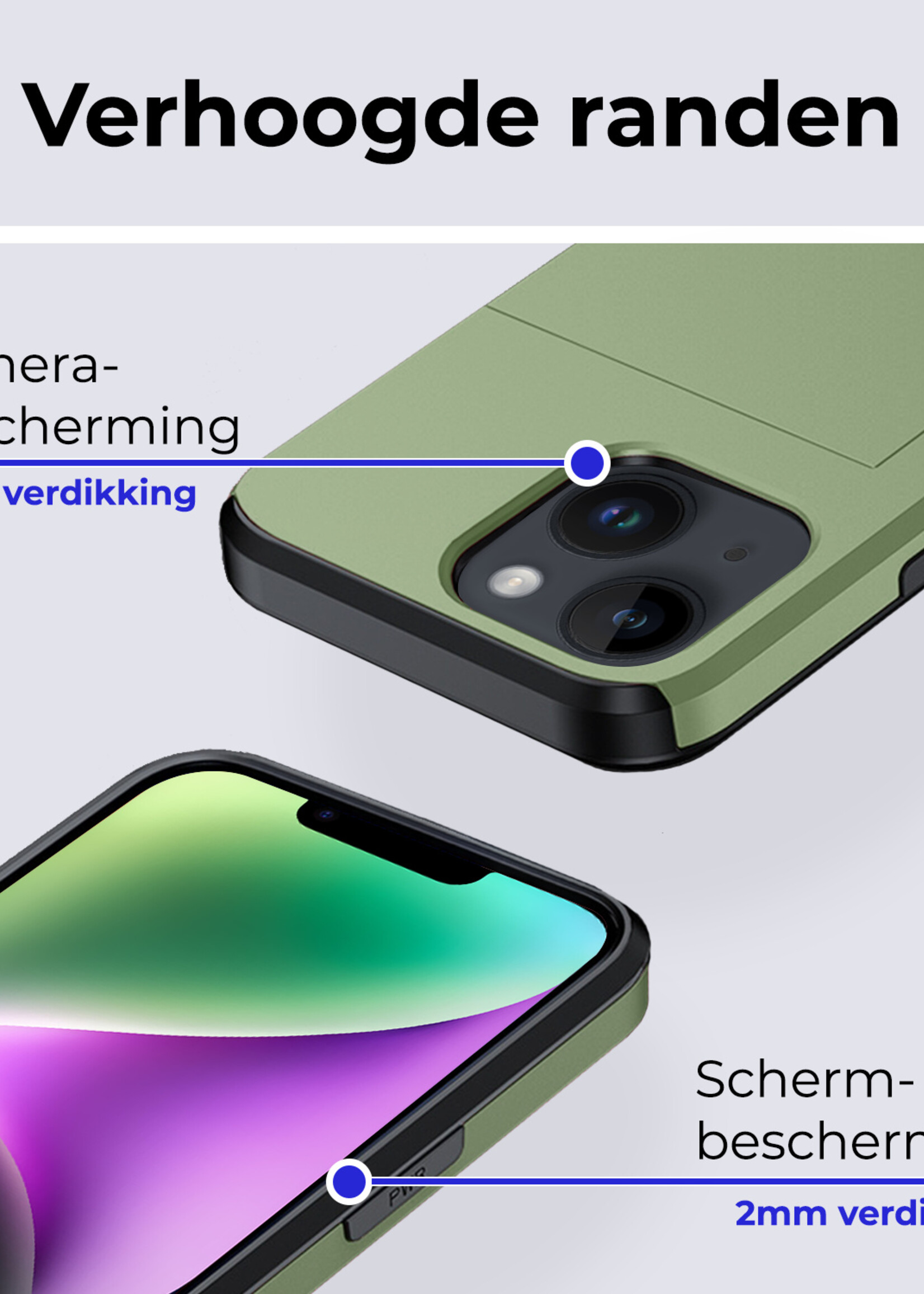BTH Hoesje Geschikt voor iPhone 14 Hoesje Met Pasjeshouder Hard Case Met Kaarthouder Met 2x Screenprotector - Hoes Geschikt voor iPhone 14 Hoesje Shock Proof Case - Donker Groen