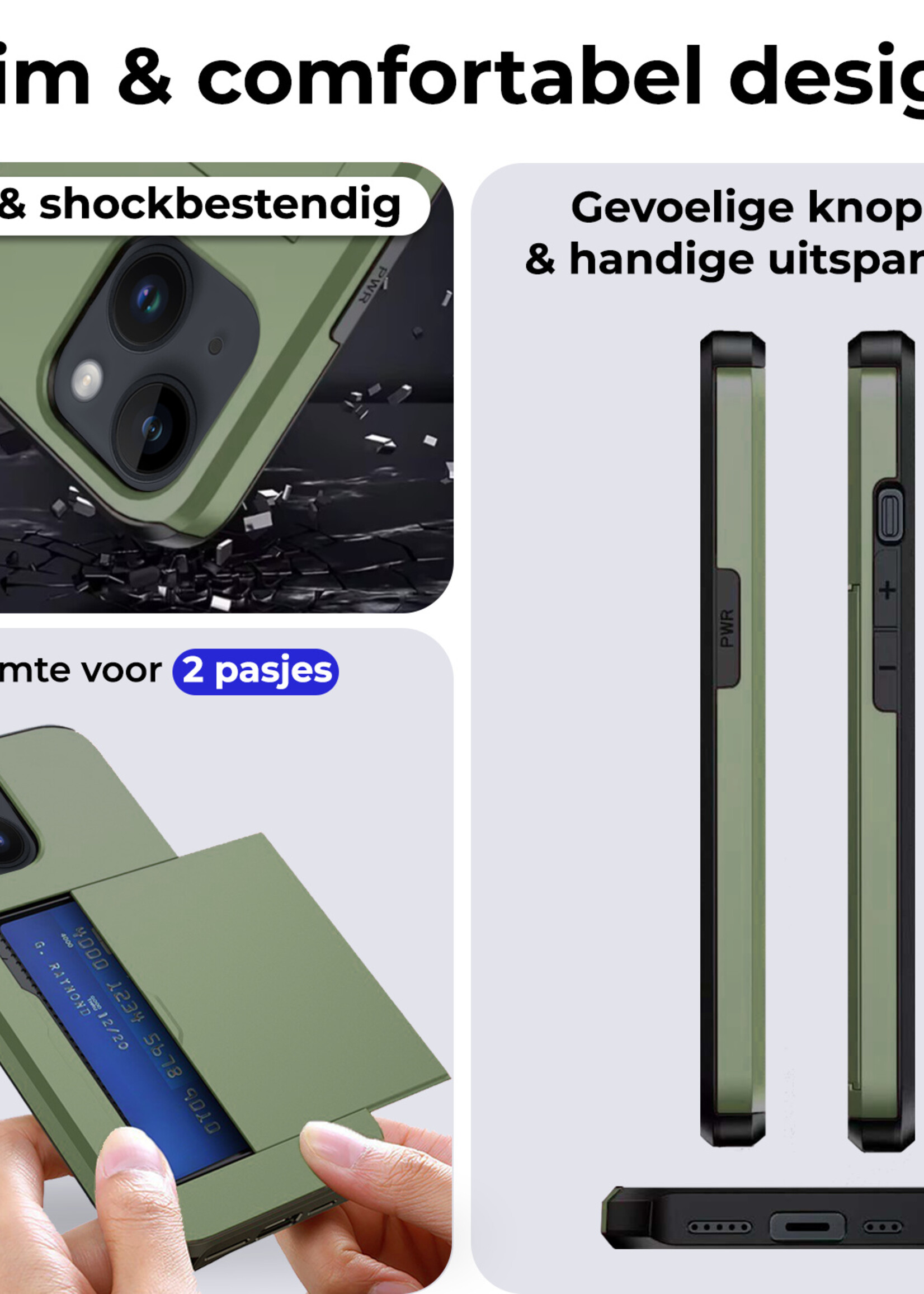 BTH Hoesje Geschikt voor iPhone 14 Hoesje Met Pasjeshouder Hard Case Met Kaarthouder Met 2x Screenprotector - Hoes Geschikt voor iPhone 14 Hoesje Shock Proof Case - Donker Groen