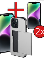 BTH BTH iPhone 14 Hoesje Pashouder Hard Met 2x Screenprotector - Grijs