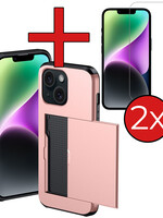 BTH BTH iPhone 14 Hoesje Pashouder Hard Met 2x Screenprotector - Rosé Goud