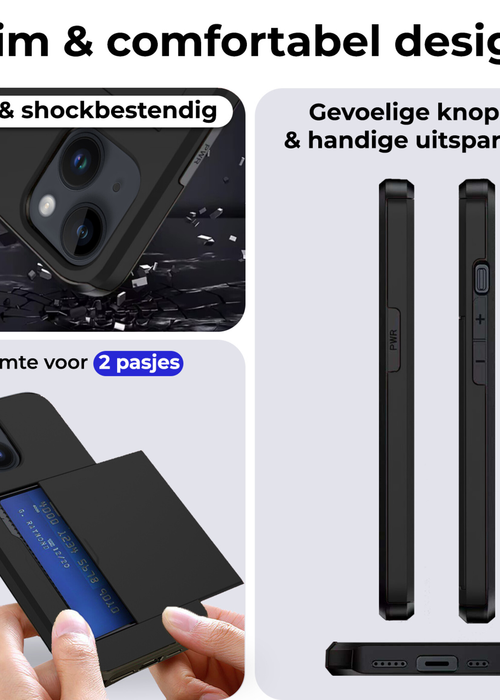 BTH Hoesje Geschikt voor iPhone 14 Hoesje Met Pasjeshouder Hard Case Met Kaarthouder Met 2x Screenprotector - Hoes Geschikt voor iPhone 14 Hoesje Shock Proof Case - Zwart