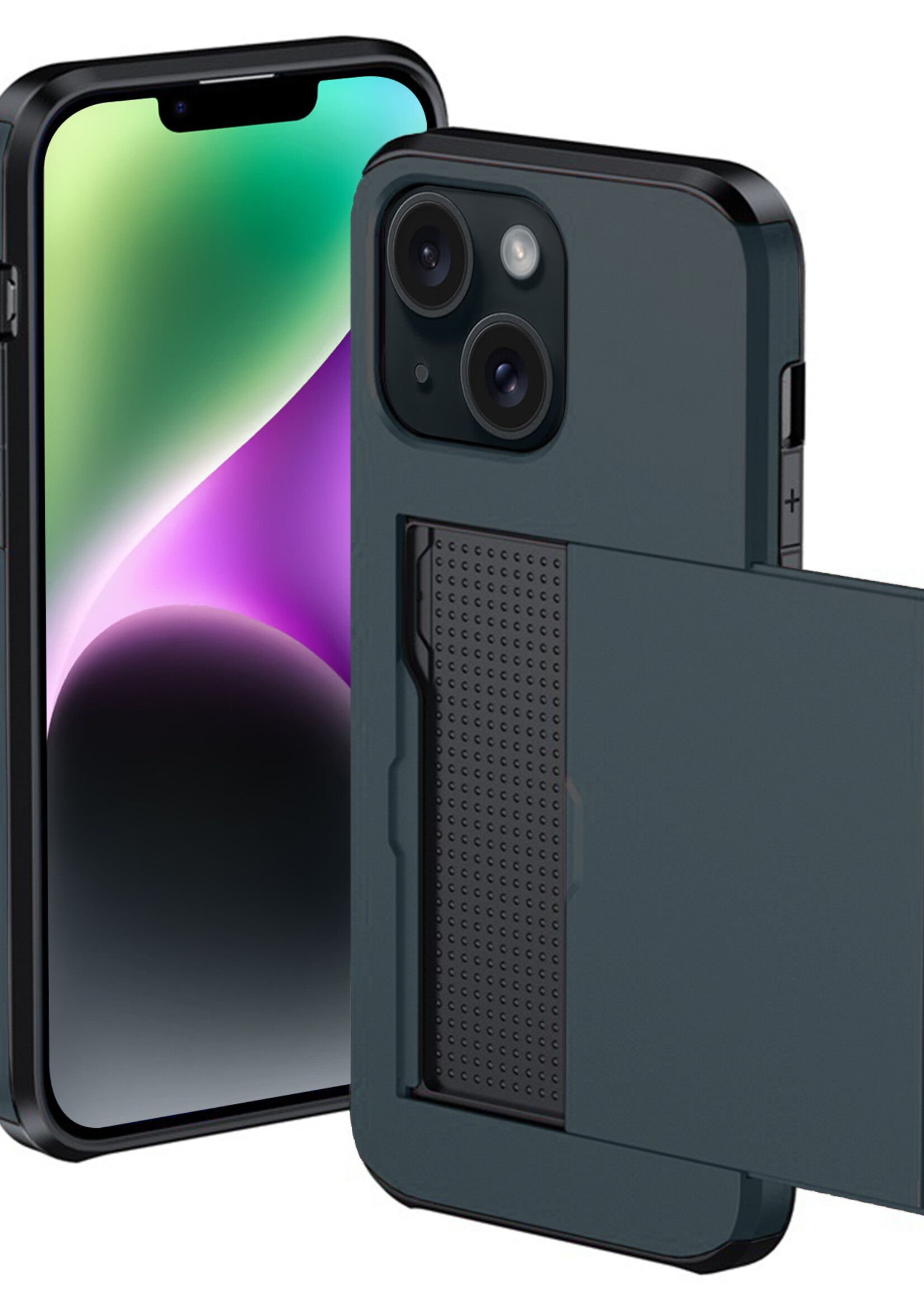 BTH Hoesje Geschikt voor iPhone 14 Plus Hoesje Met Pasjeshouder Hard Case Met Kaarthouder - Hoes Geschikt voor iPhone 14 Plus Hoesje Shock Proof Case - Donker Blauw