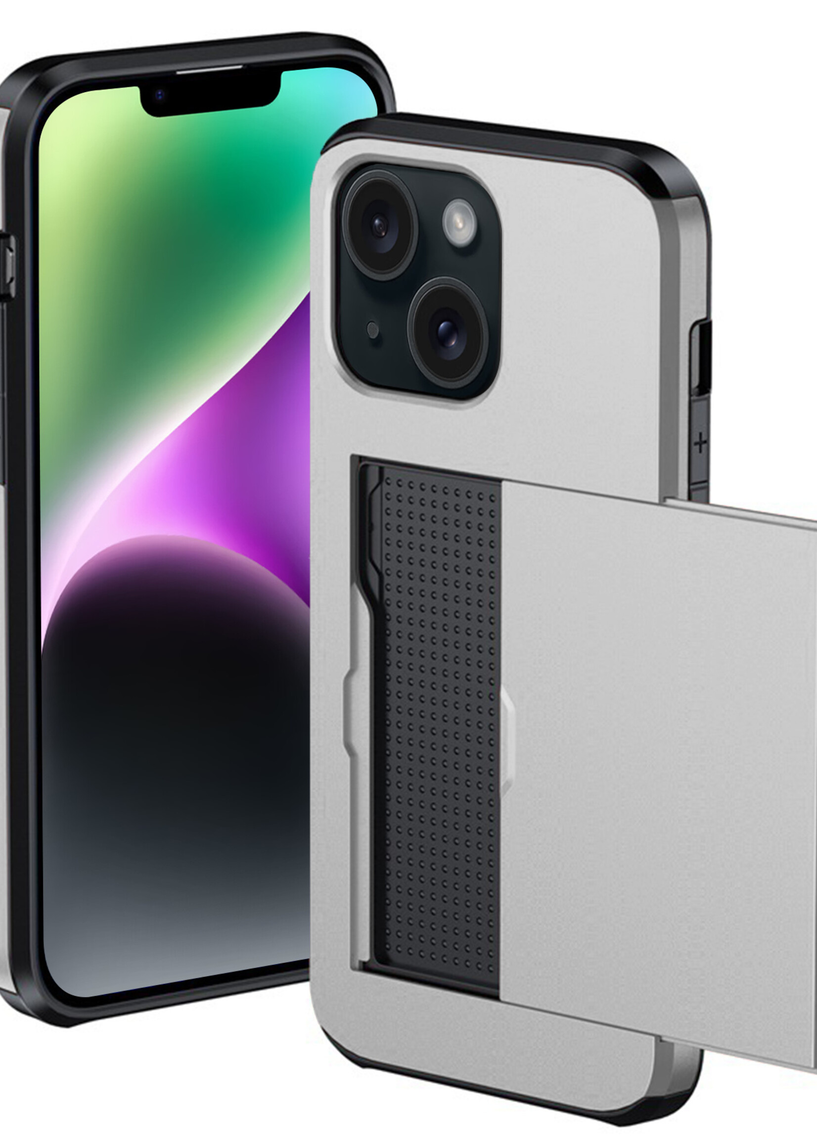 BTH Hoesje Geschikt voor iPhone 14 Plus Hoesje Met Pasjeshouder Hard Case Met Kaarthouder - Hoes Geschikt voor iPhone 14 Plus Hoesje Shock Proof Case - Grijs