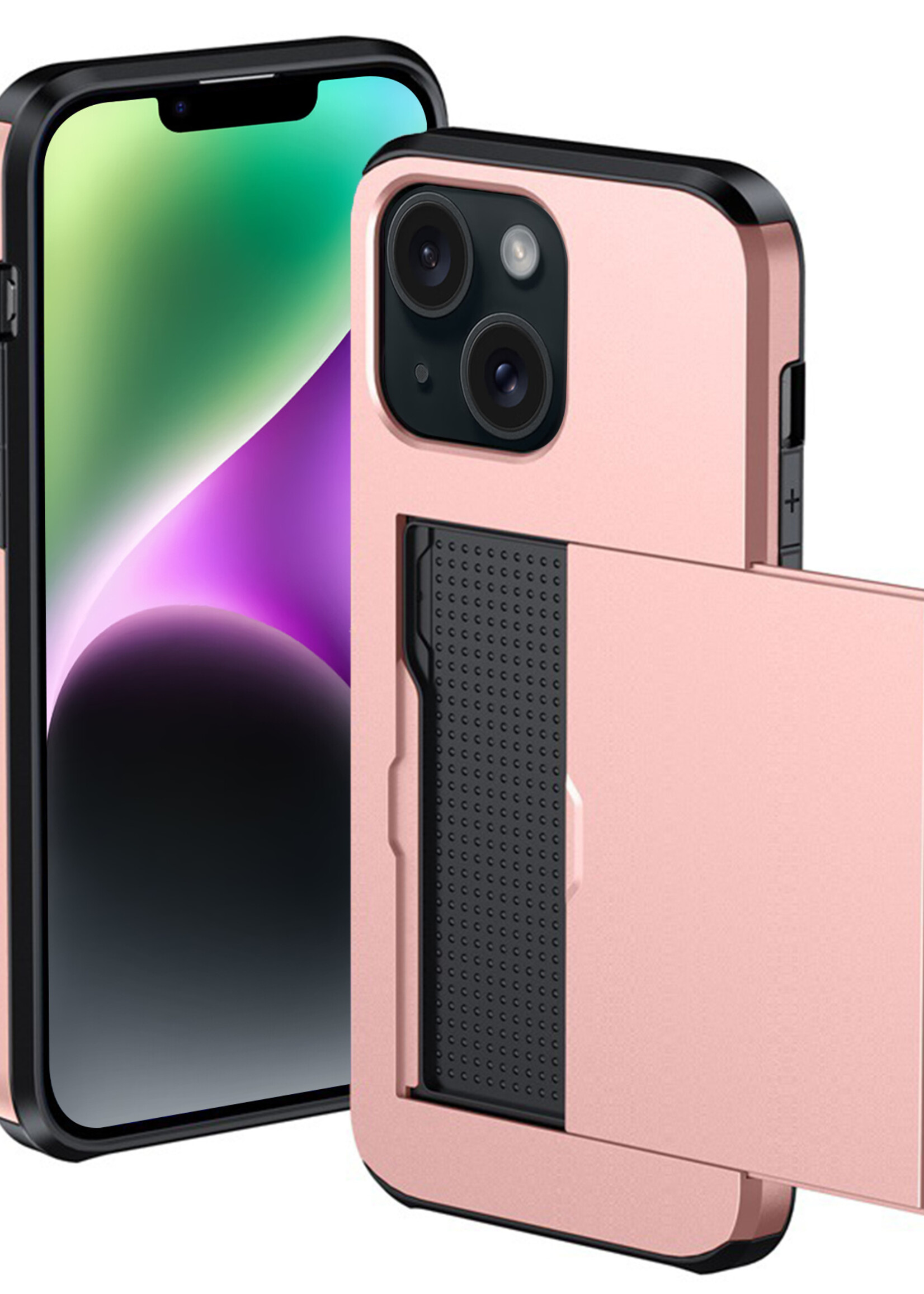 BTH Hoesje Geschikt voor iPhone 14 Plus Hoesje Met Pasjeshouder Hard Case Met Kaarthouder - Hoes Geschikt voor iPhone 14 Plus Hoesje Shock Proof Case - Rosé Goud
