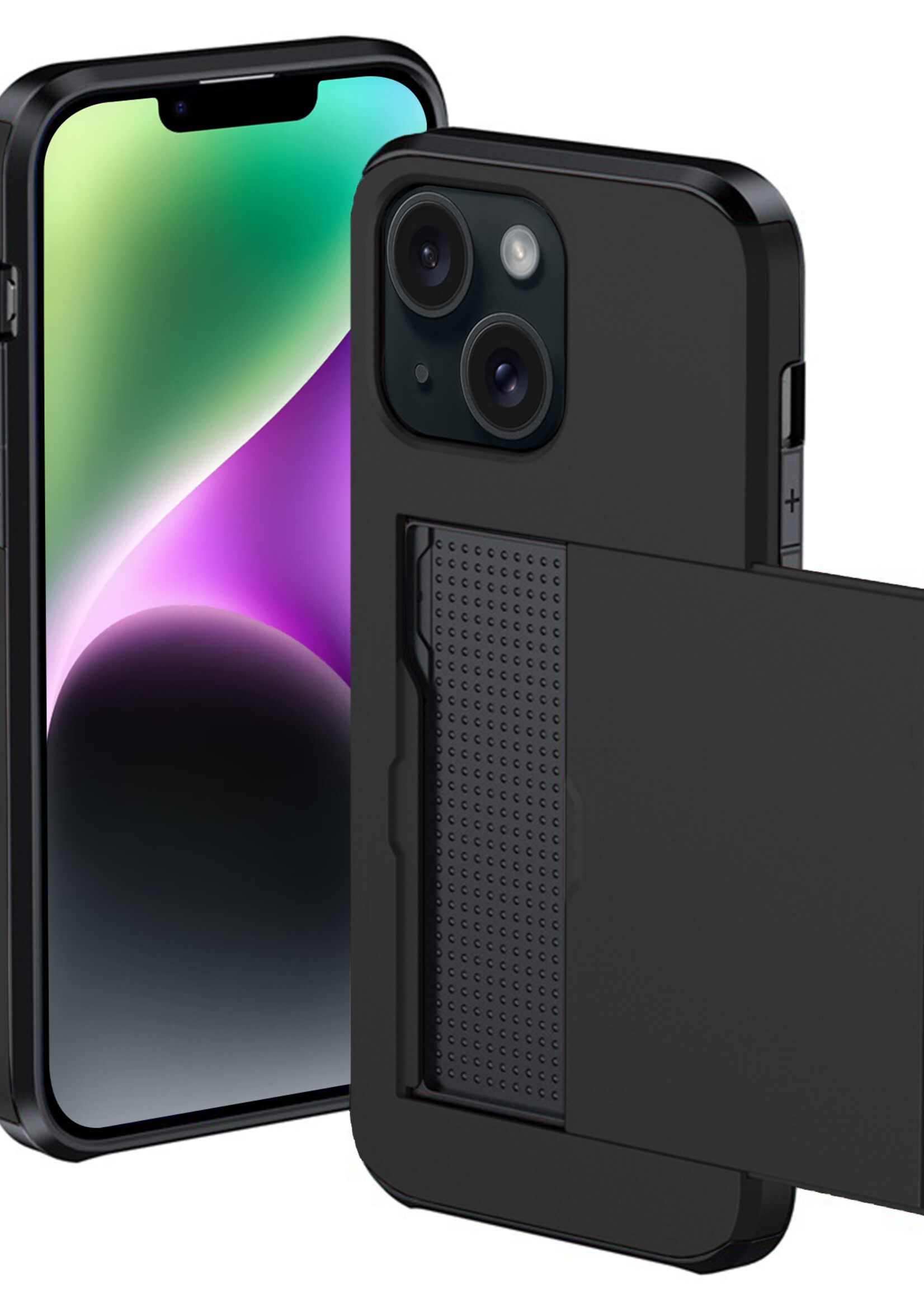 BTH Hoesje Geschikt voor iPhone 14 Plus Hoesje Met Pasjeshouder Hard Case Met Kaarthouder - Hoes Geschikt voor iPhone 14 Plus Hoesje Shock Proof Case - Zwart