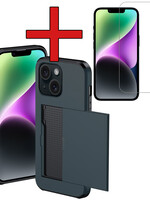 BTH BTH iPhone 14 Plus Hoesje Pashouder Hard Met Screenprotector - Donker Blauw
