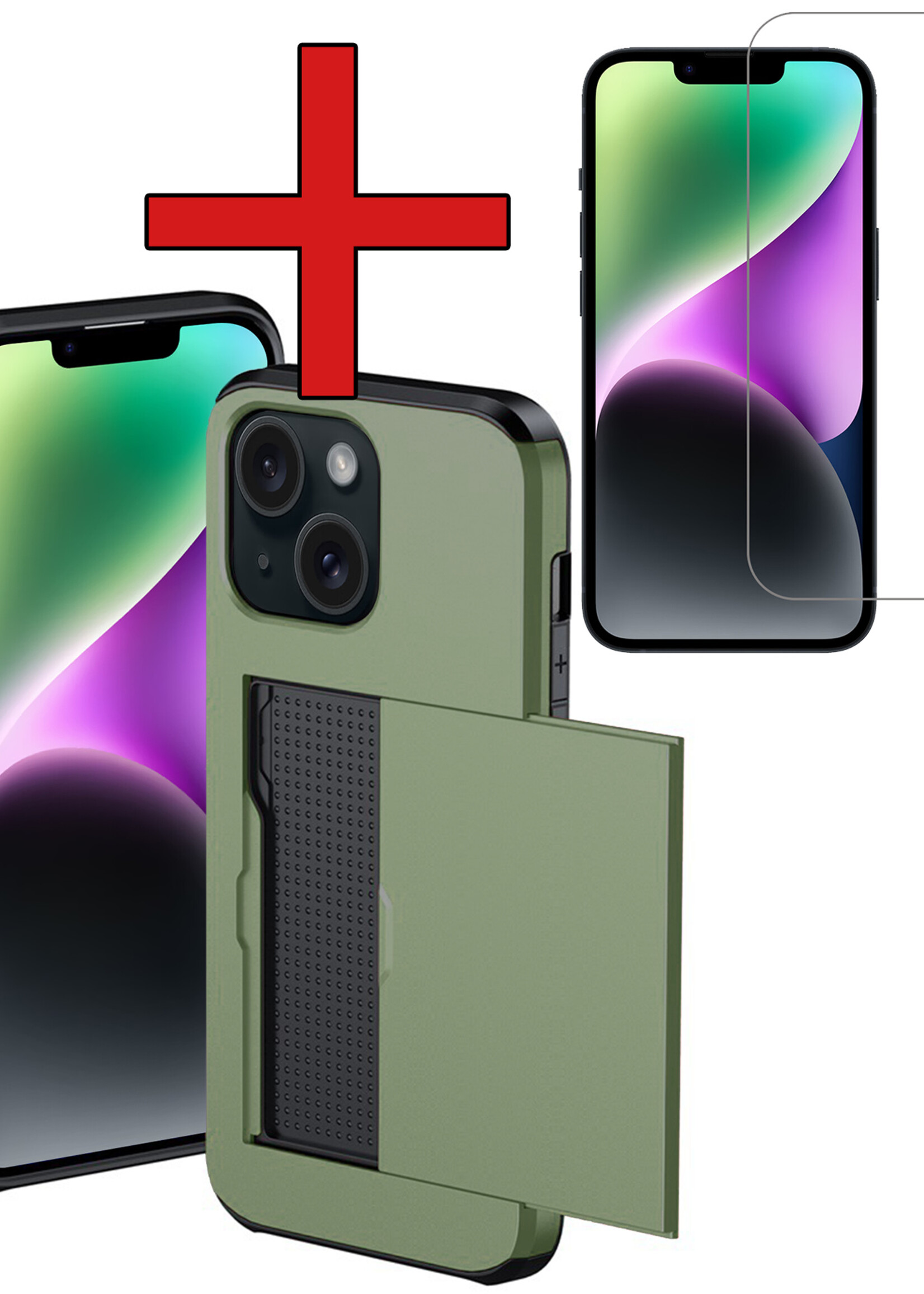 BTH Hoesje Geschikt voor iPhone 14 Plus Hoesje Met Pasjeshouder Hard Case Met Kaarthouder Met Screenprotector - Hoes Geschikt voor iPhone 14 Plus Hoesje Shock Proof Case - Donker Groen