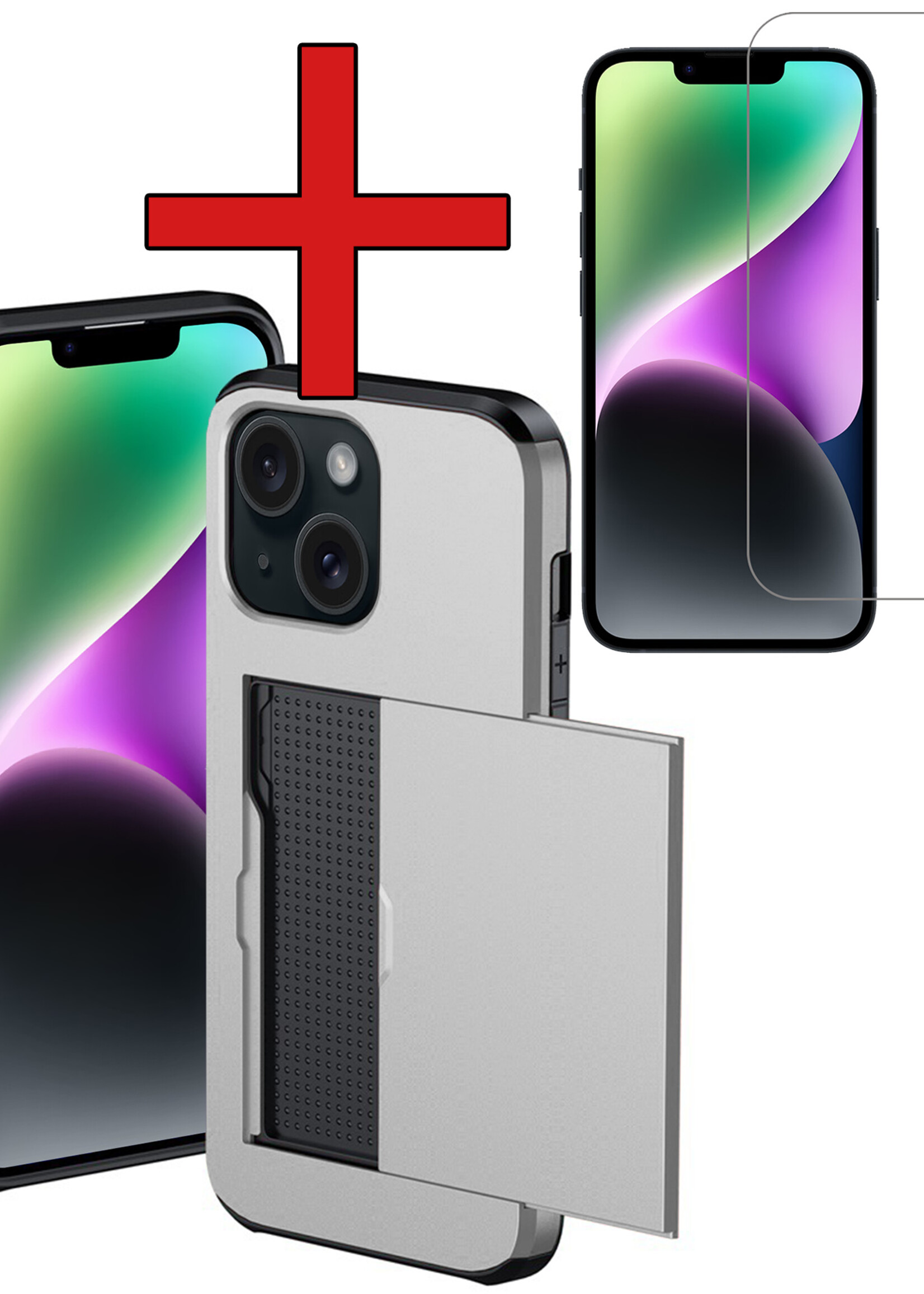 BTH Hoesje Geschikt voor iPhone 14 Plus Hoesje Met Pasjeshouder Hard Case Met Kaarthouder Met Screenprotector - Hoes Geschikt voor iPhone 14 Plus Hoesje Shock Proof Case - Grijs