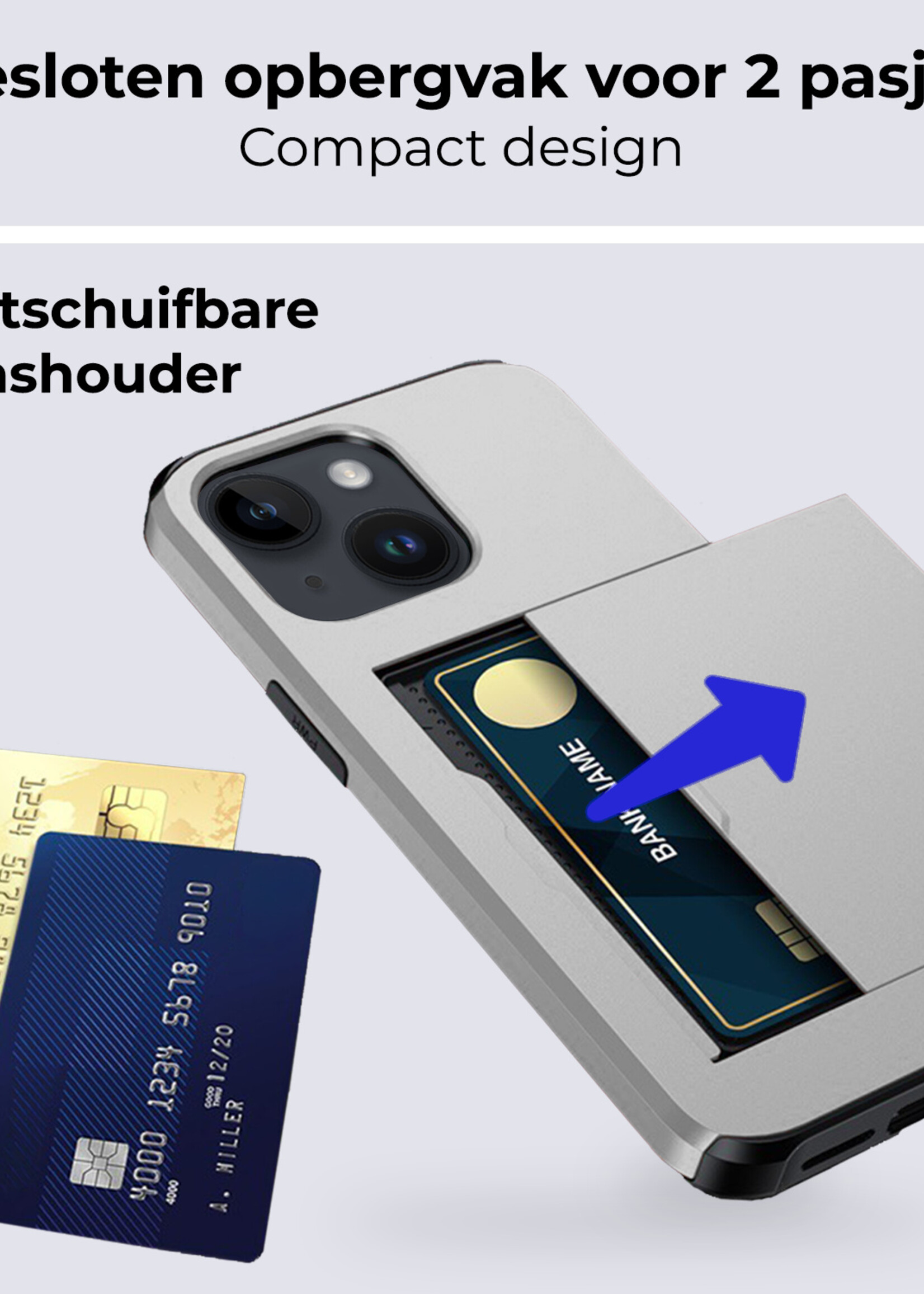 BTH Hoesje Geschikt voor iPhone 14 Plus Hoesje Met Pasjeshouder Hard Case Met Kaarthouder Met Screenprotector - Hoes Geschikt voor iPhone 14 Plus Hoesje Shock Proof Case - Grijs