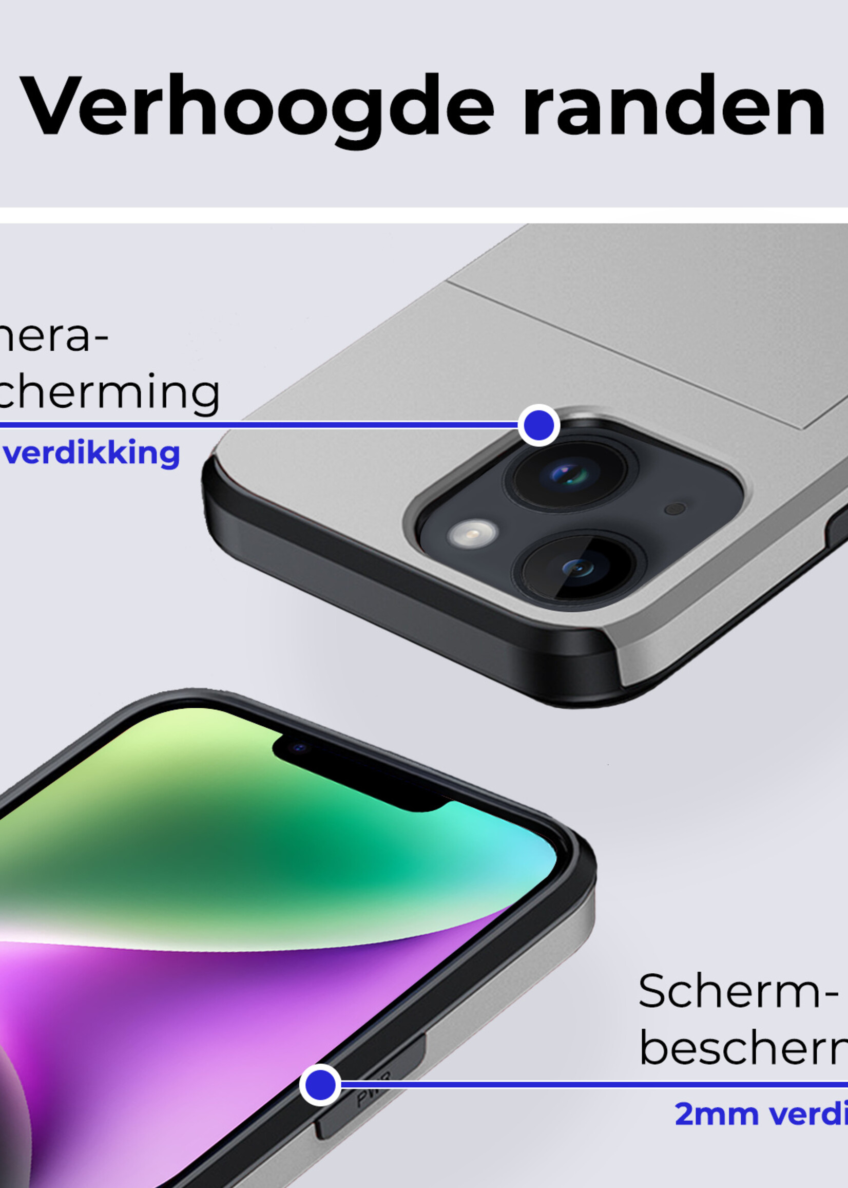 BTH Hoesje Geschikt voor iPhone 14 Plus Hoesje Met Pasjeshouder Hard Case Met Kaarthouder Met Screenprotector - Hoes Geschikt voor iPhone 14 Plus Hoesje Shock Proof Case - Grijs