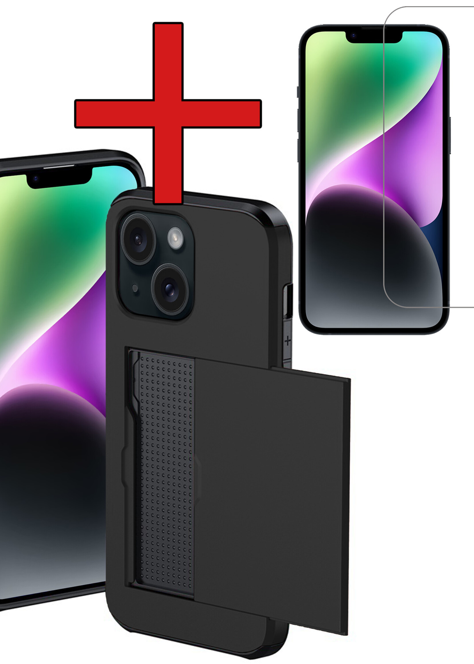 BTH Hoesje Geschikt voor iPhone 14 Plus Hoesje Met Pasjeshouder Hard Case Met Kaarthouder Met Screenprotector - Hoes Geschikt voor iPhone 14 Plus Hoesje Shock Proof Case - Zwart