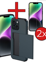BTH BTH iPhone 14 Plus Hoesje Pashouder Hard Met 2x Screenprotector - Donker Blauw