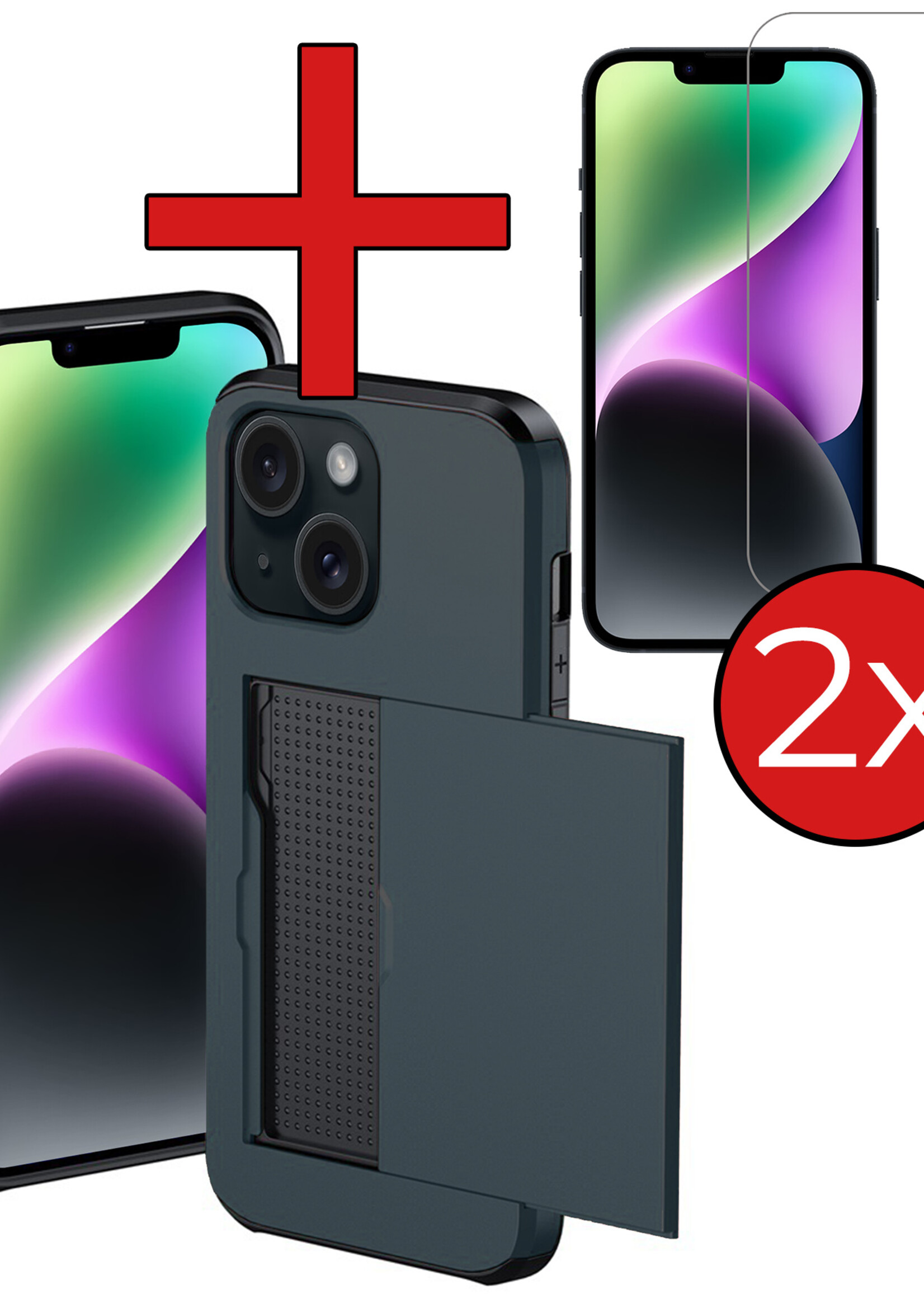 BTH Hoesje Geschikt voor iPhone 14 Plus Hoesje Met Pasjeshouder Hard Case Met Kaarthouder Met 2x Screenprotector - Hoes Geschikt voor iPhone 14 Plus Hoesje Shock Proof Case - Donker Blauw