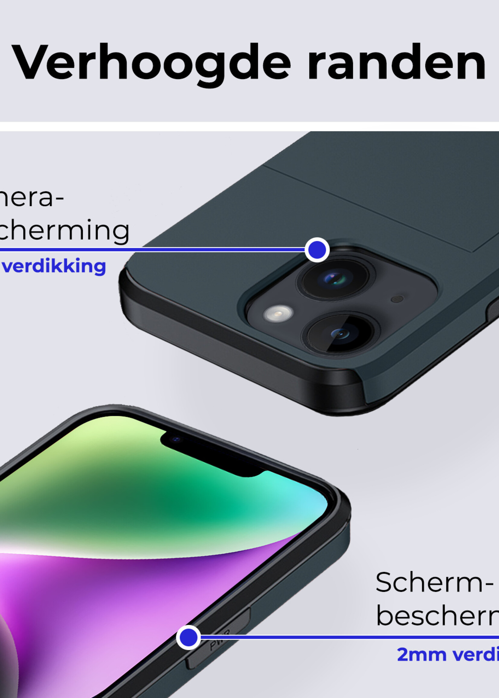 BTH Hoesje Geschikt voor iPhone 14 Plus Hoesje Met Pasjeshouder Hard Case Met Kaarthouder Met 2x Screenprotector - Hoes Geschikt voor iPhone 14 Plus Hoesje Shock Proof Case - Donker Blauw