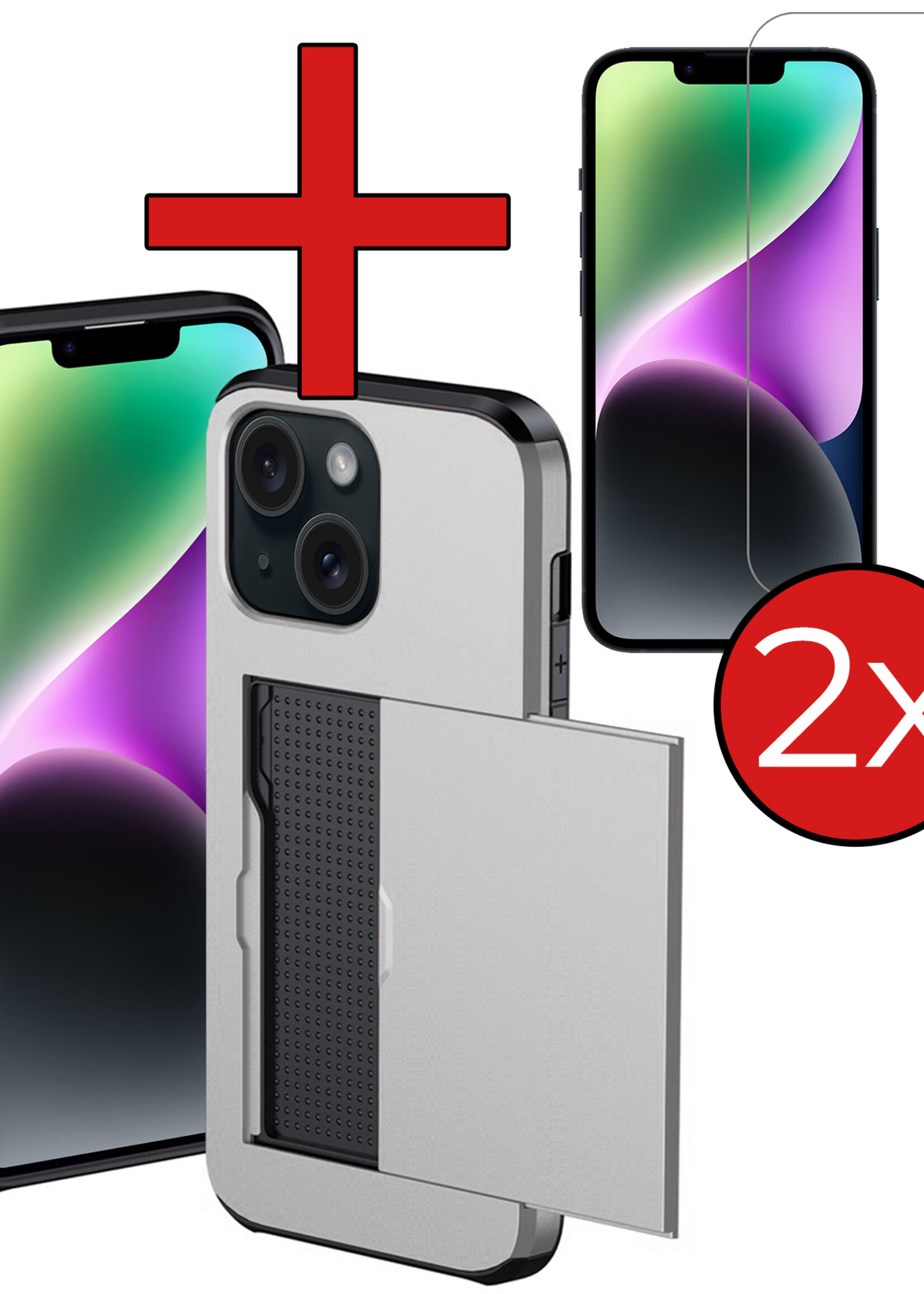 BTH Hoesje Geschikt voor iPhone 14 Plus Hoesje Met Pasjeshouder Hard Case Met Kaarthouder Met 2x Screenprotector - Hoes Geschikt voor iPhone 14 Plus Hoesje Shock Proof Case - Grijs