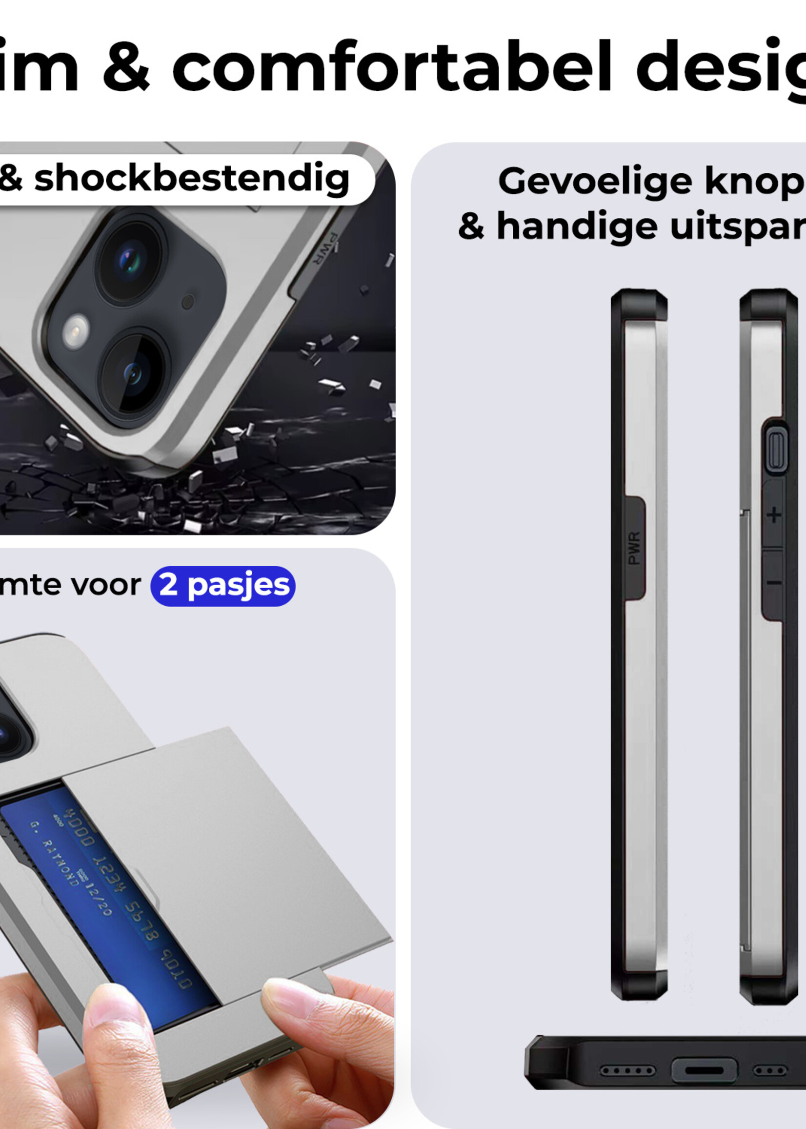 BTH Hoesje Geschikt voor iPhone 14 Plus Hoesje Met Pasjeshouder Hard Case Met Kaarthouder Met 2x Screenprotector - Hoes Geschikt voor iPhone 14 Plus Hoesje Shock Proof Case - Grijs