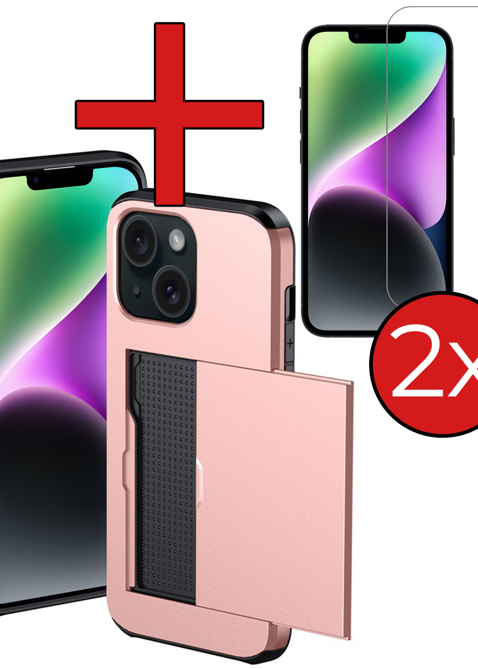 BTH Hoesje Geschikt voor iPhone 14 Plus Hoesje Met Pasjeshouder Hard Case Met Kaarthouder Met 2x Screenprotector - Hoes Geschikt voor iPhone 14 Plus Hoesje Shock Proof Case - Rosé Goud