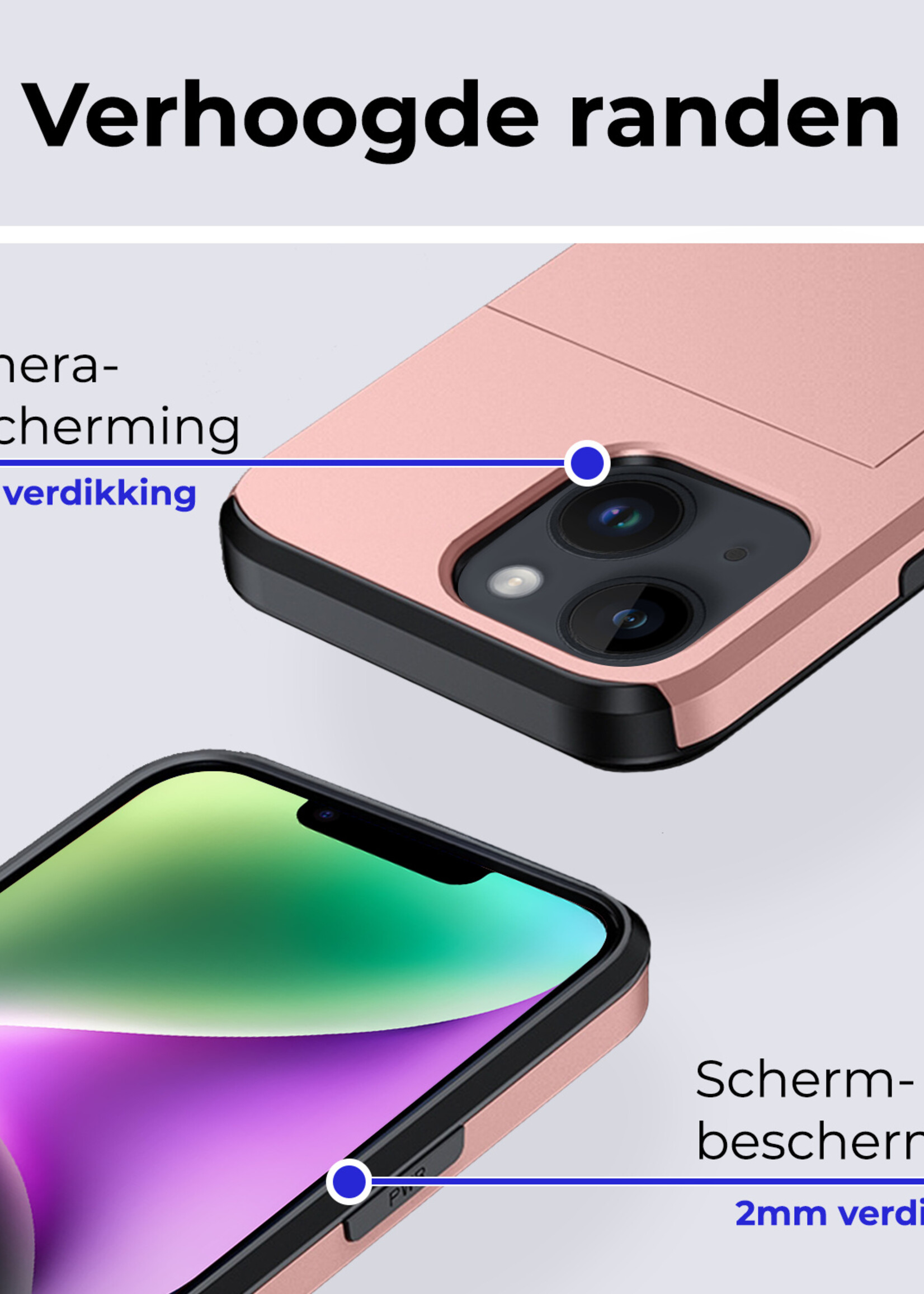 BTH Hoesje Geschikt voor iPhone 14 Plus Hoesje Met Pasjeshouder Hard Case Met Kaarthouder Met 2x Screenprotector - Hoes Geschikt voor iPhone 14 Plus Hoesje Shock Proof Case - Rosé Goud