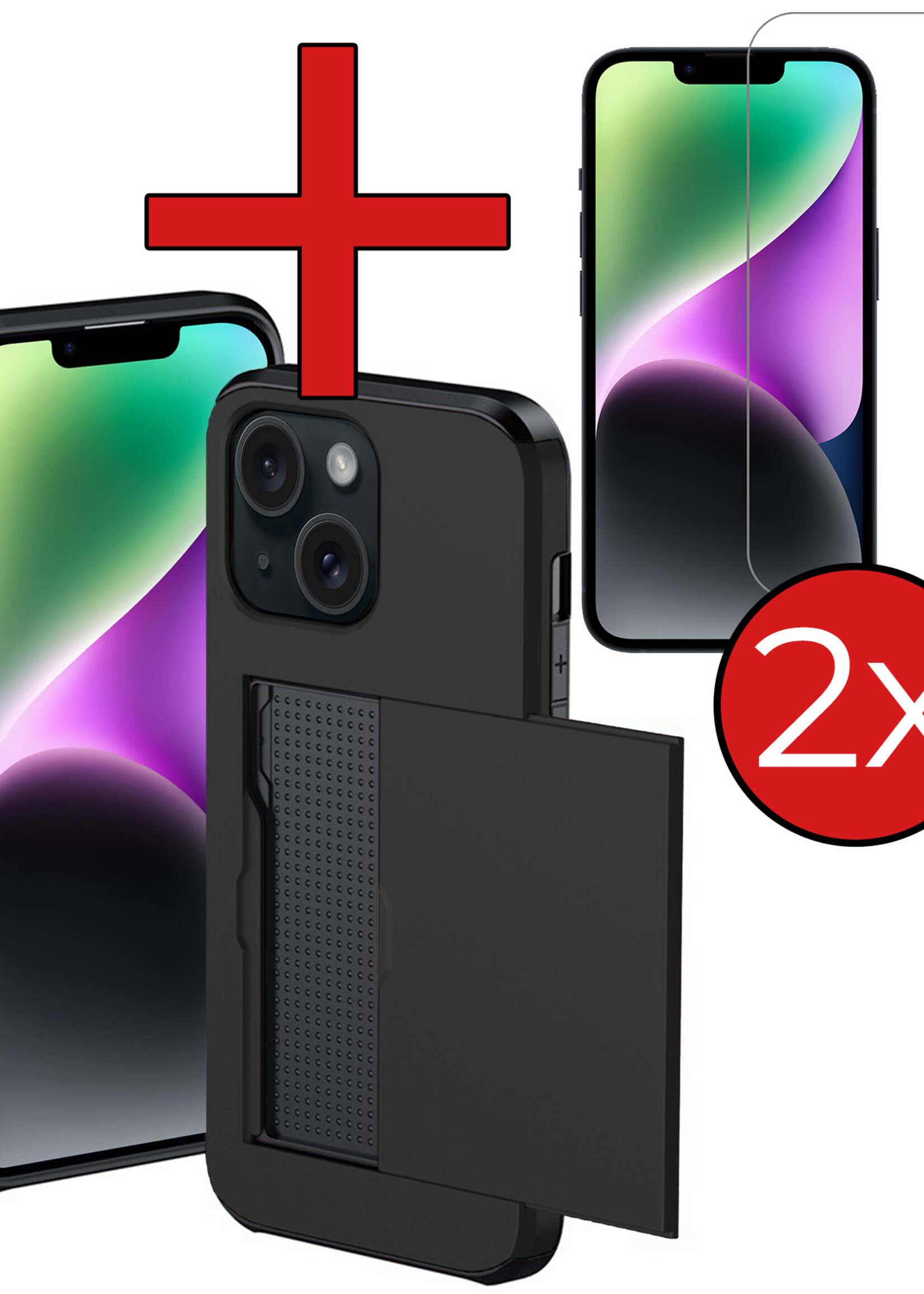 BTH Hoesje Geschikt voor iPhone 14 Plus Hoesje Met Pasjeshouder Hard Case Met Kaarthouder Met 2x Screenprotector - Hoes Geschikt voor iPhone 14 Plus Hoesje Shock Proof Case - Zwart