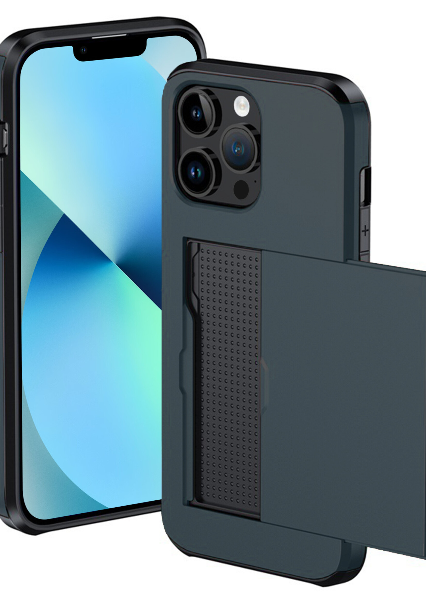 BTH Hoesje Geschikt voor iPhone 14 Pro Hoesje Met Pasjeshouder Hard Case Met Kaarthouder - Hoes Geschikt voor iPhone 14 Pro Hoesje Shock Proof Case - Donker Blauw
