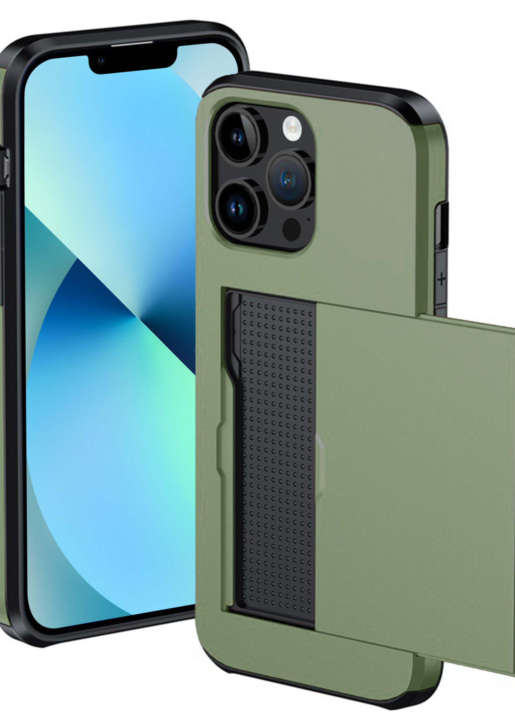 BTH Hoesje Geschikt voor iPhone 14 Pro Hoesje Met Pasjeshouder Hard Case Met Kaarthouder - Hoes Geschikt voor iPhone 14 Pro Hoesje Shock Proof Case - Donker Groen