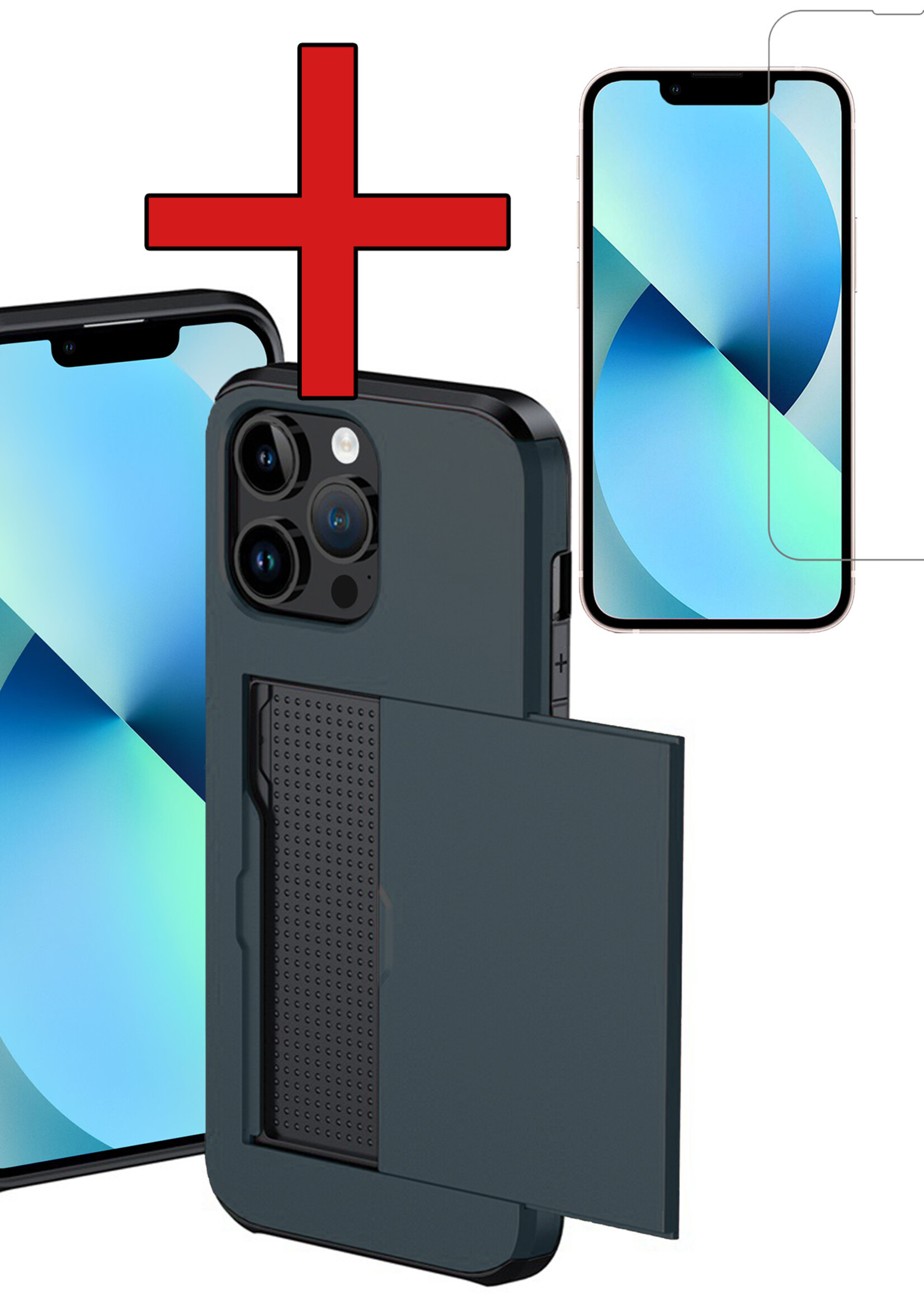 BTH Hoesje Geschikt voor iPhone 14 Pro Hoesje Met Pasjeshouder Hard Case Met Kaarthouder Met Screenprotector - Hoes Geschikt voor iPhone 14 Pro Hoesje Shock Proof Case - Donker Blauw
