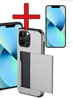 BTH BTH iPhone 14 Pro Hoesje Pashouder Hard Met Screenprotector - Grijs