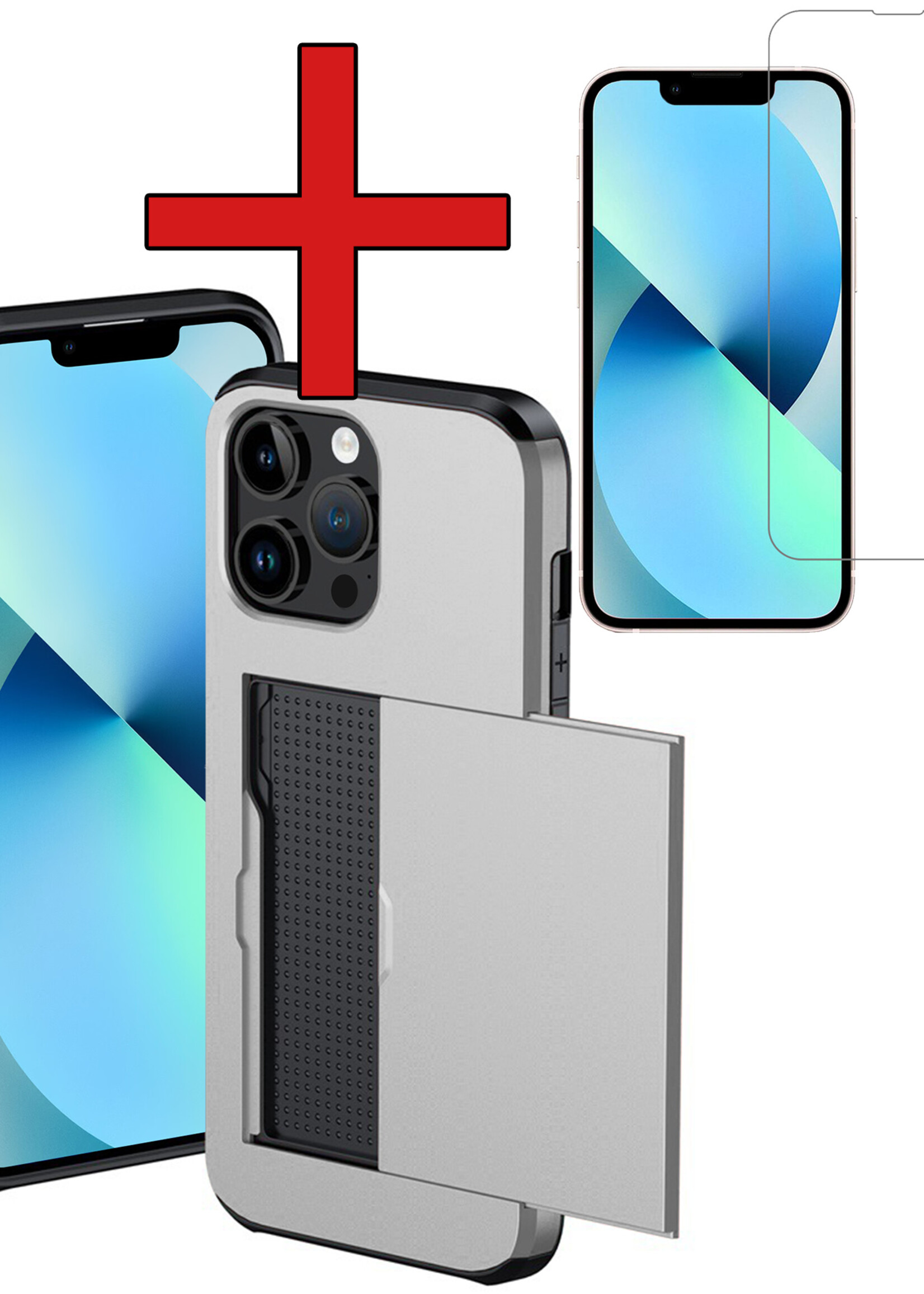 BTH Hoesje Geschikt voor iPhone 14 Pro Hoesje Met Pasjeshouder Hard Case Met Kaarthouder Met Screenprotector - Hoes Geschikt voor iPhone 14 Pro Hoesje Shock Proof Case - Grijs