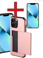 BTH BTH iPhone 14 Pro Hoesje Pashouder Hard Met Screenprotector - Rosé Goud