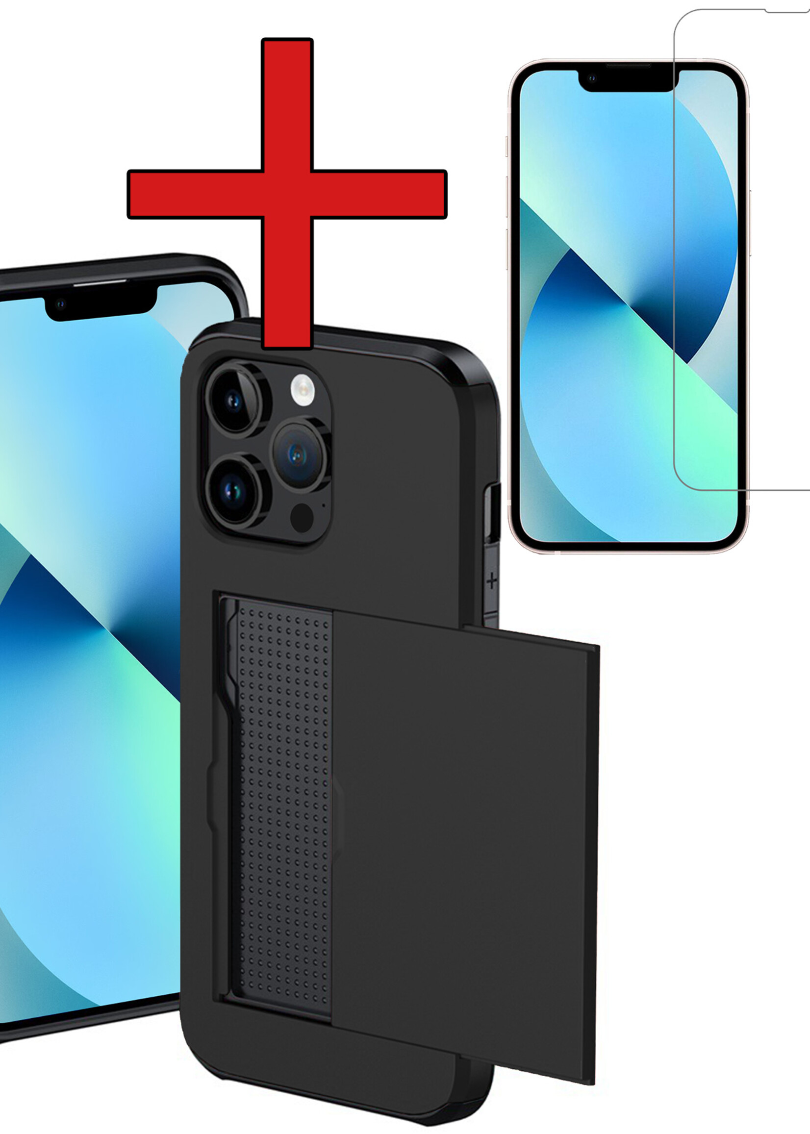 BTH Hoesje Geschikt voor iPhone 14 Pro Hoesje Met Pasjeshouder Hard Case Met Kaarthouder Met Screenprotector - Hoes Geschikt voor iPhone 14 Pro Hoesje Shock Proof Case - Zwart
