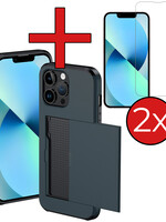 BTH BTH iPhone 14 Pro Hoesje Pashouder Hard Met 2x Screenprotector - Donker Blauw